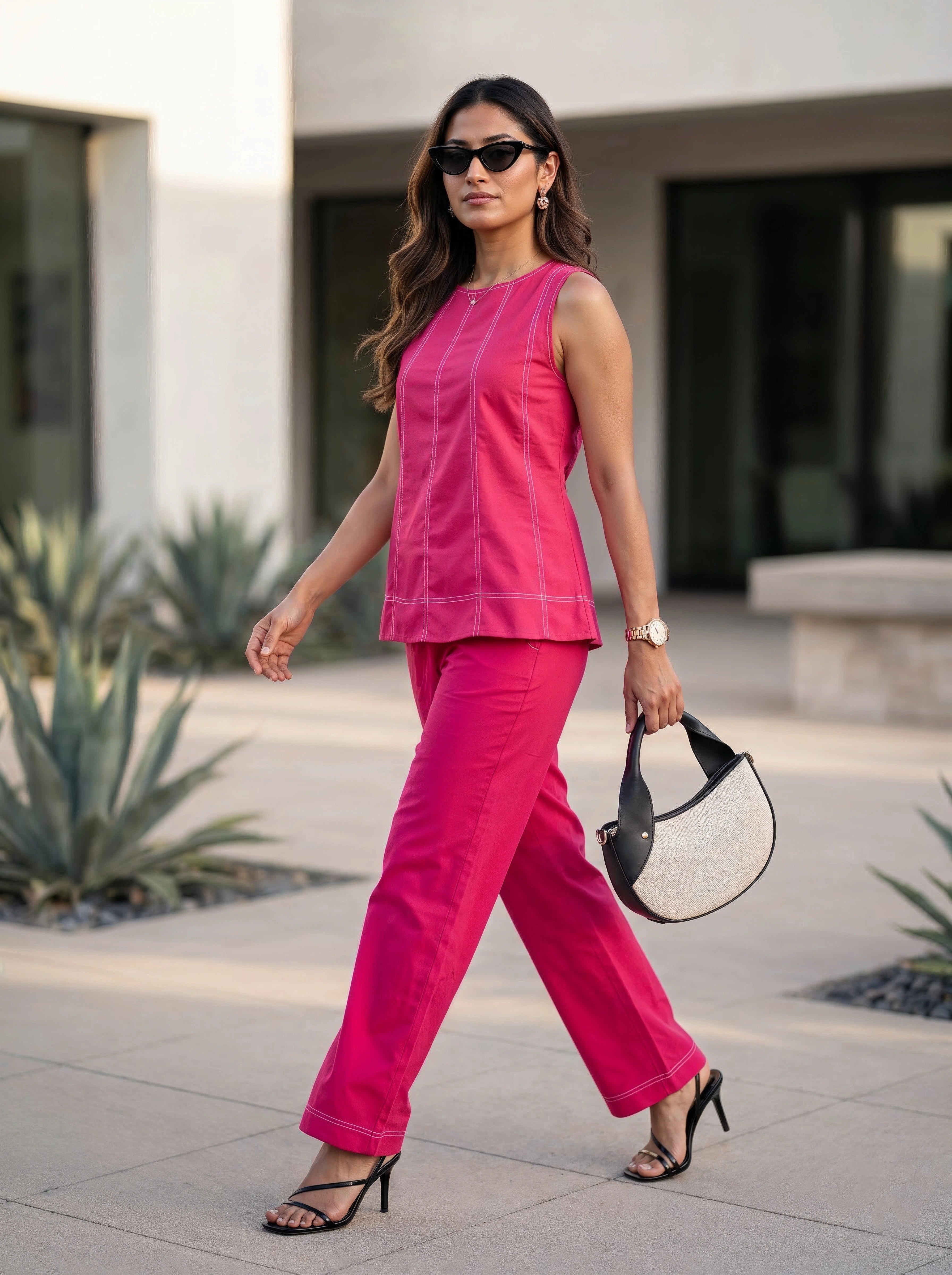Pink Contrast-Stitch Sleeveless Top & Wide-Leg Pants Co-Ord Set