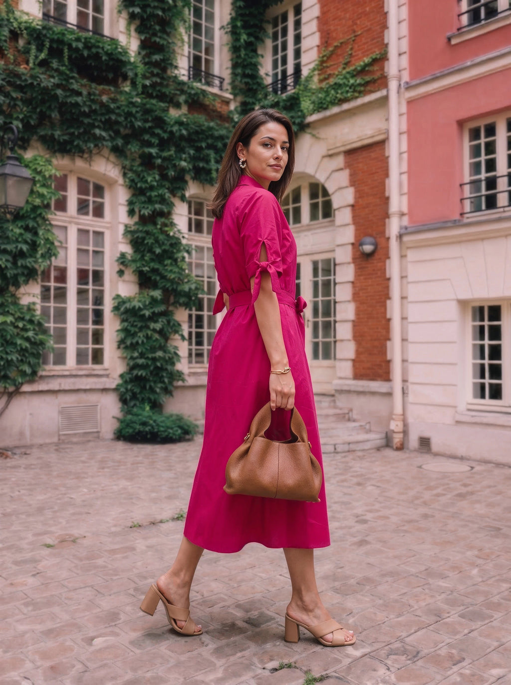 Pink Belted Shirt Dress with Tie-Waist Detail