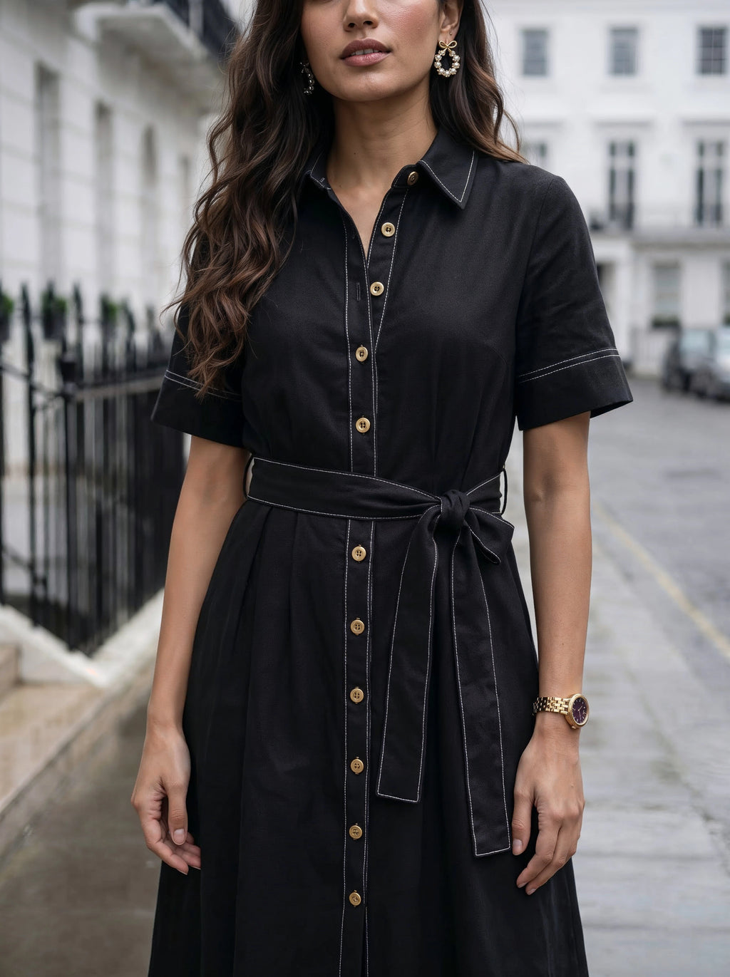 Black Shirt Dress with Contrast Stitching & Waist Tie
