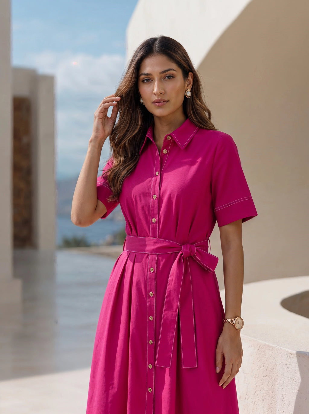 Fuchsia Pink Pleated Midi Skirt