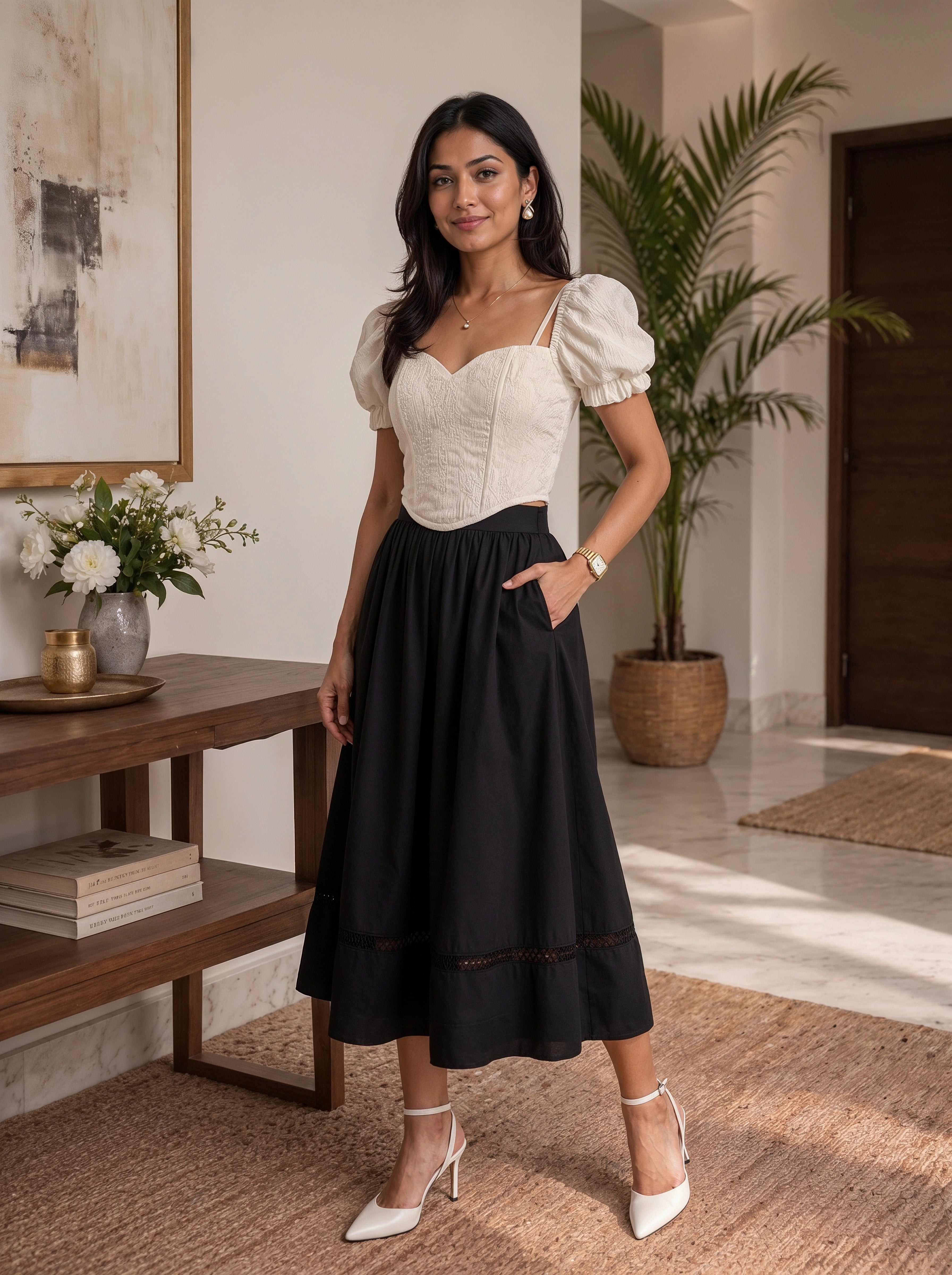 Black Gathered A-Line Midi Skirt