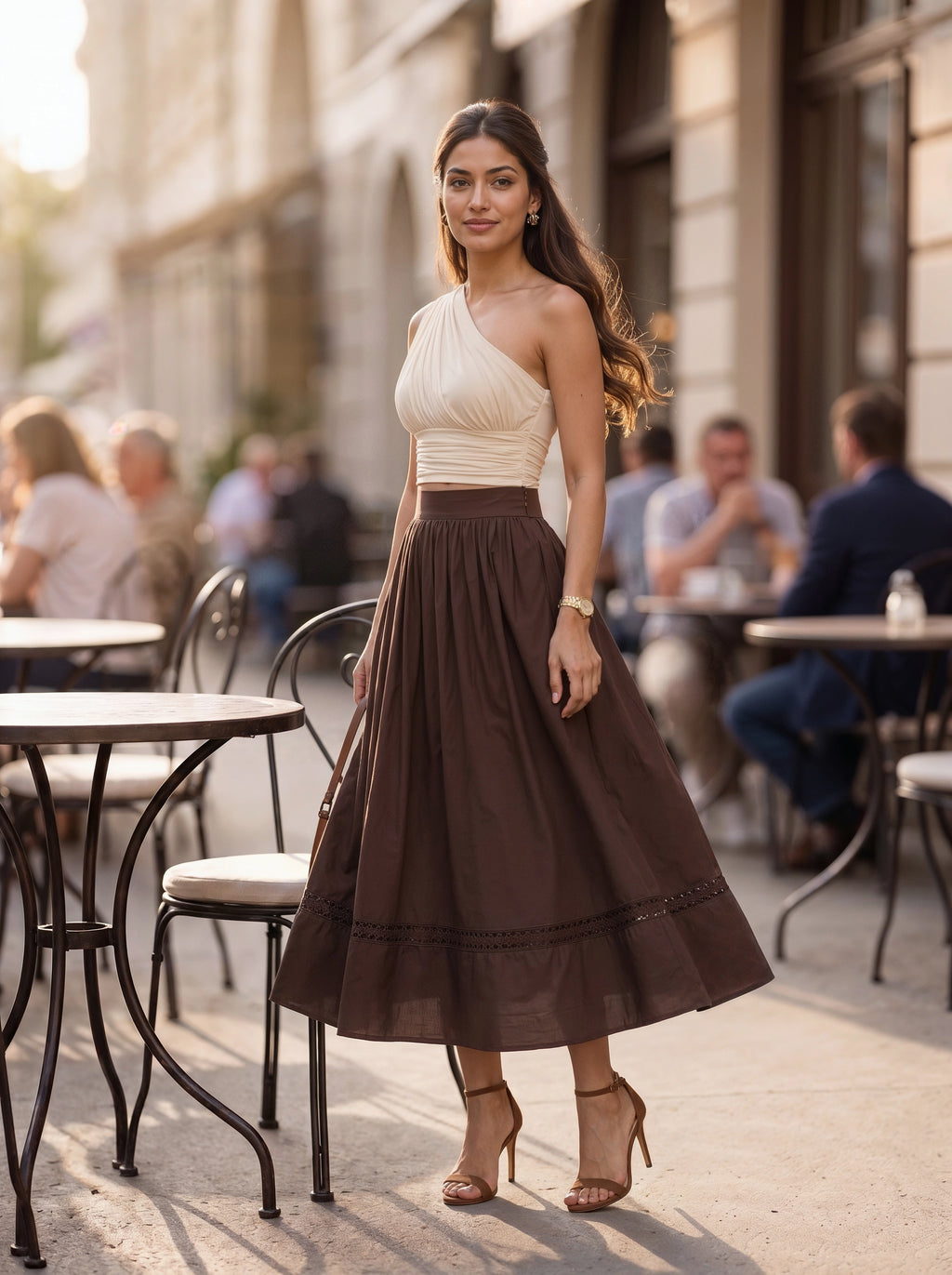 Brown Gathered A-Line Midi Skirt