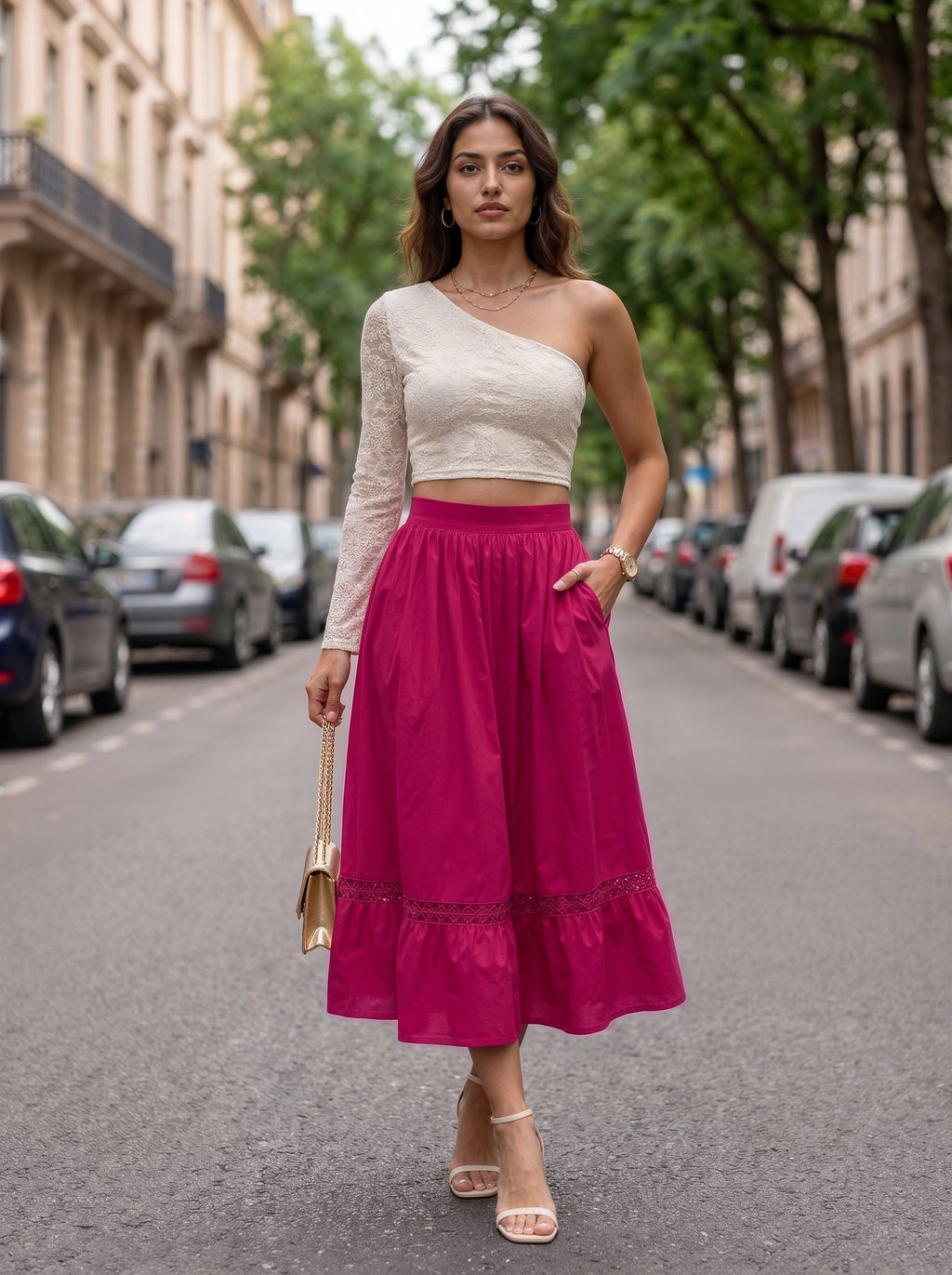 Pink Gathered A-Line Midi Skirt