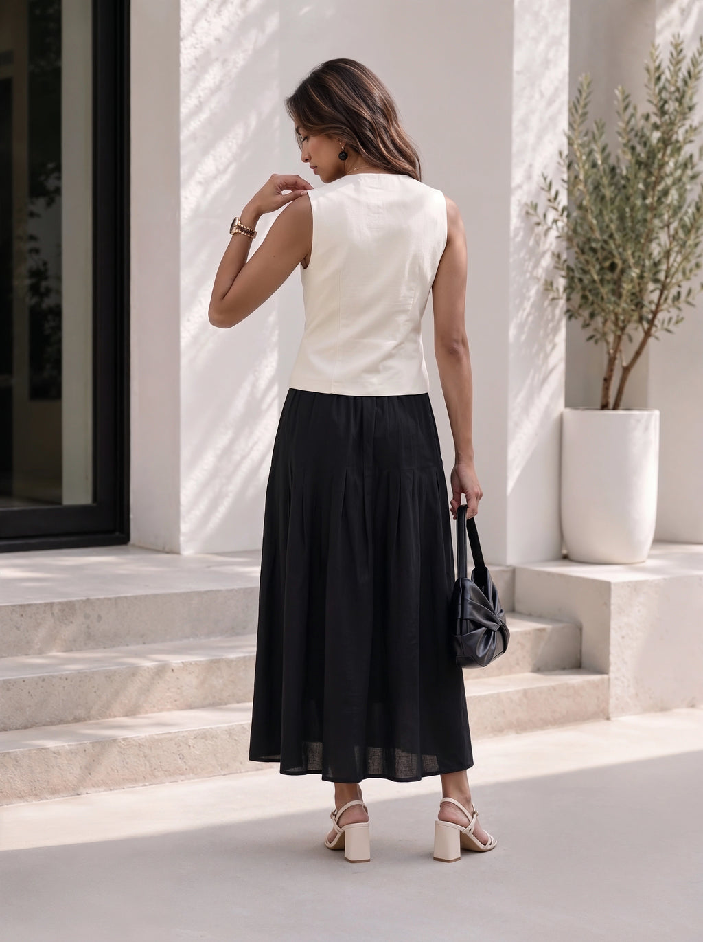 Ivory & Black Sleeveless Vest Co-Ord Set