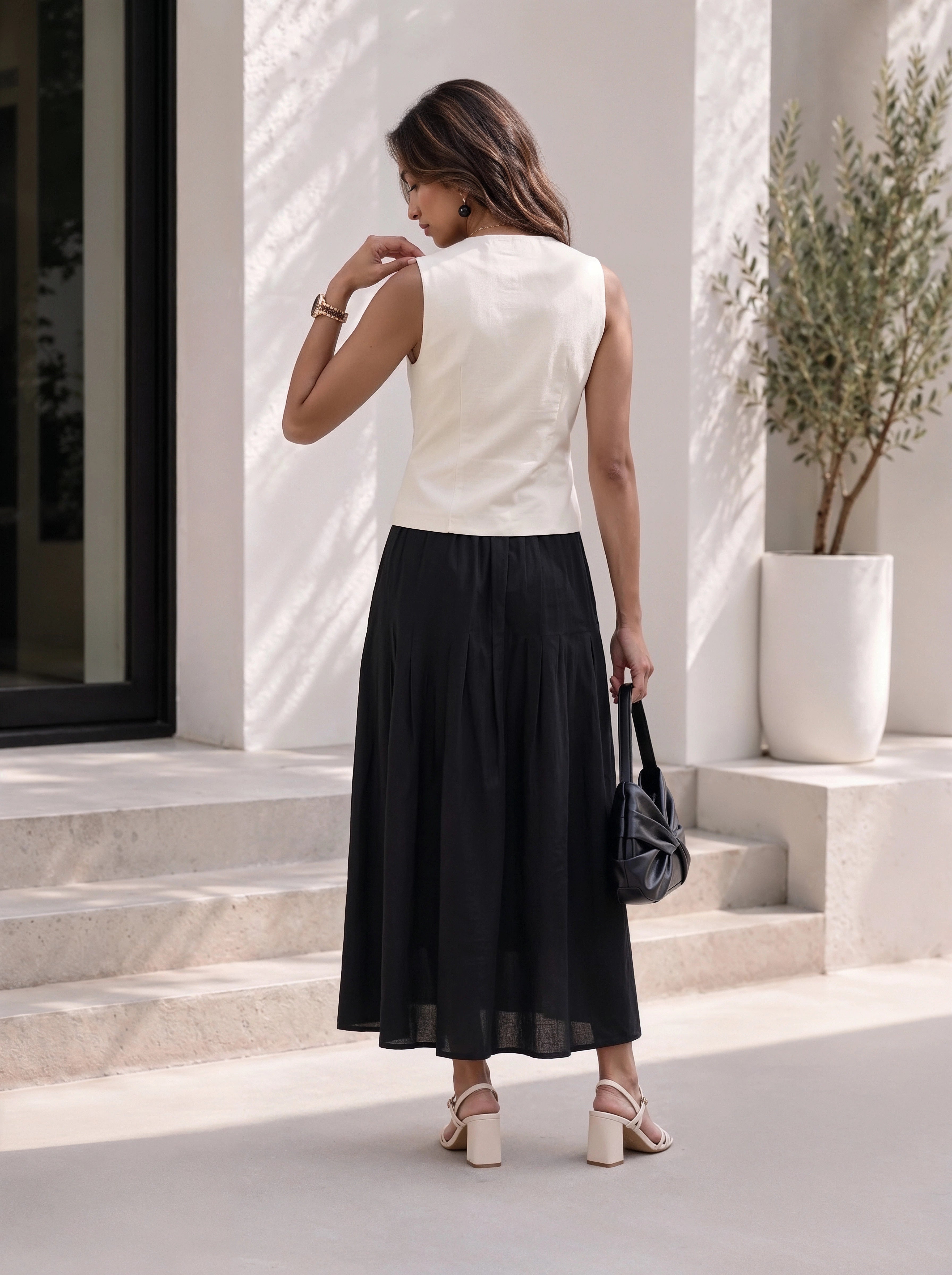 Ivory & Black Sleeveless Vest Co-Ord Set