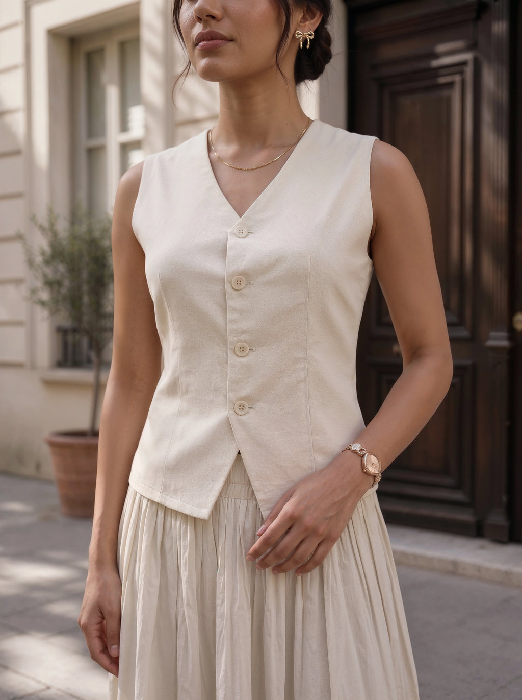 Ivory Sleeveless Button Front Co-Ord Set