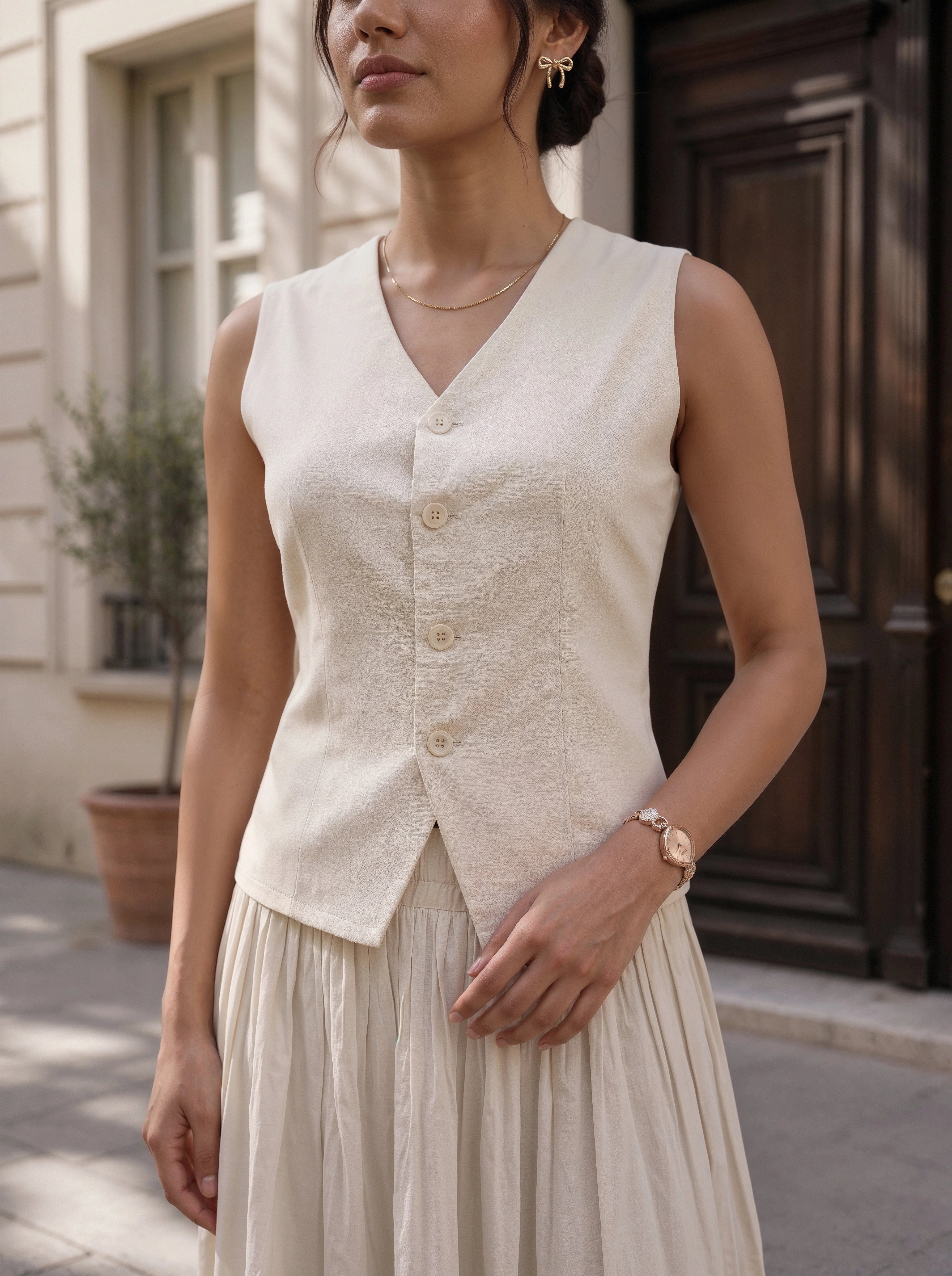 Ivory Sleeveless Button Front Co-Ord Set