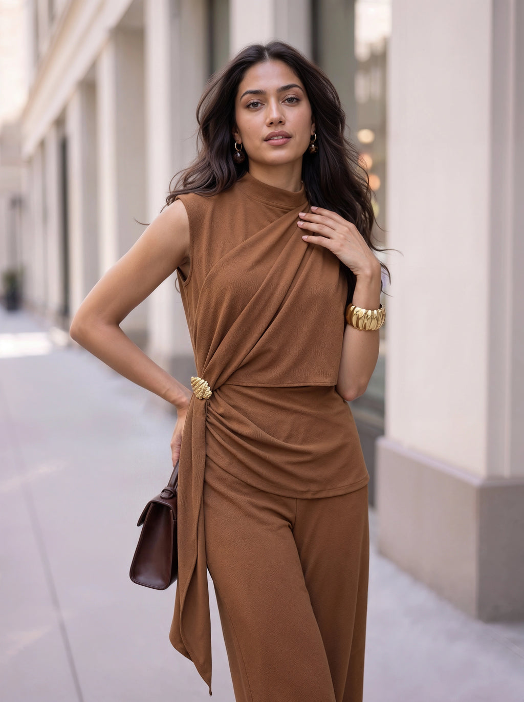 Mocha Draped Sleeveless Co-Ord Set