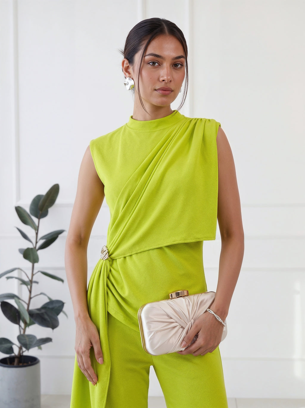 Lime Green Draped Sleeveless Co-Ord Set