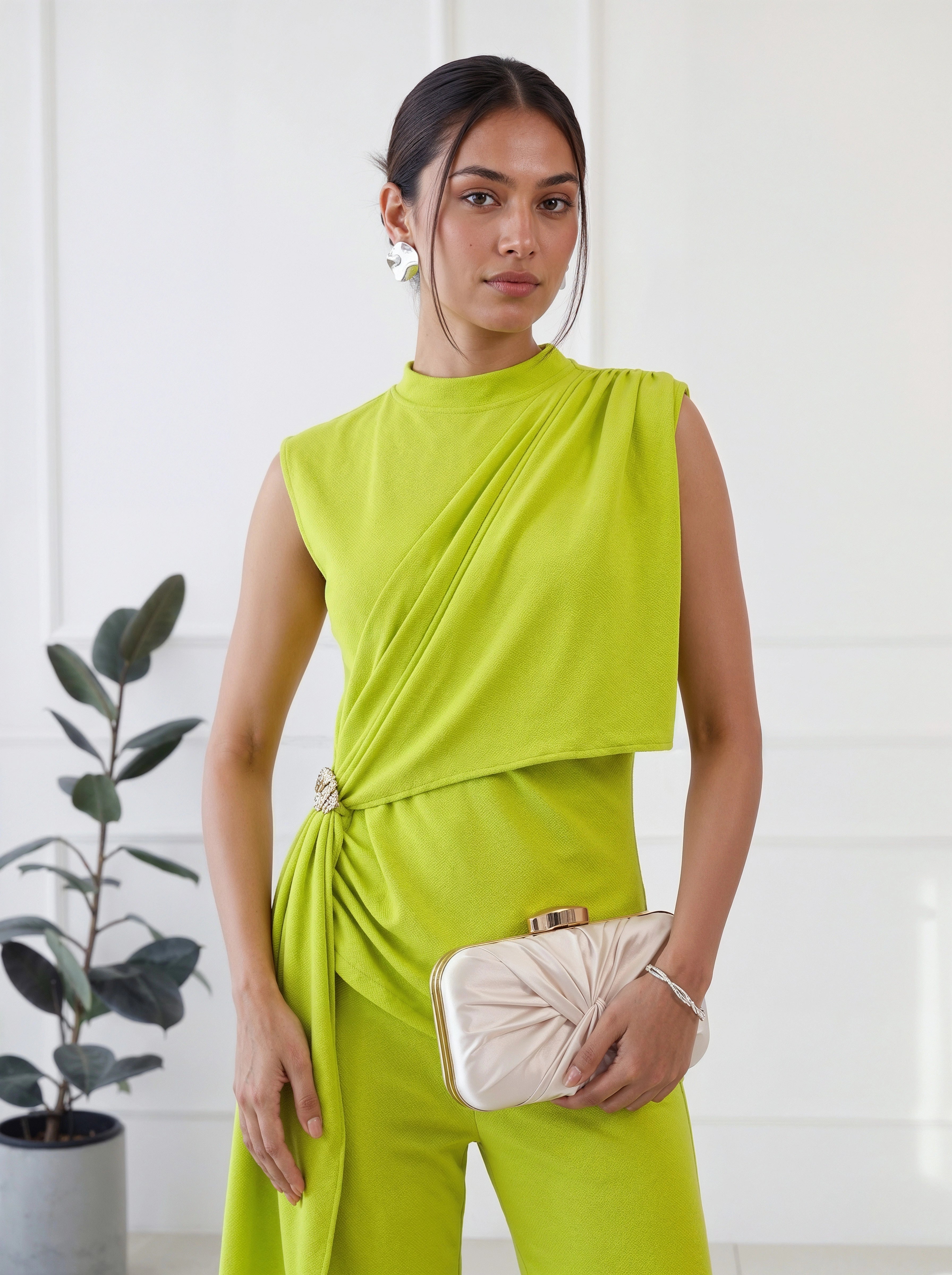 Lime Green Draped Sleeveless Co-Ord Set
