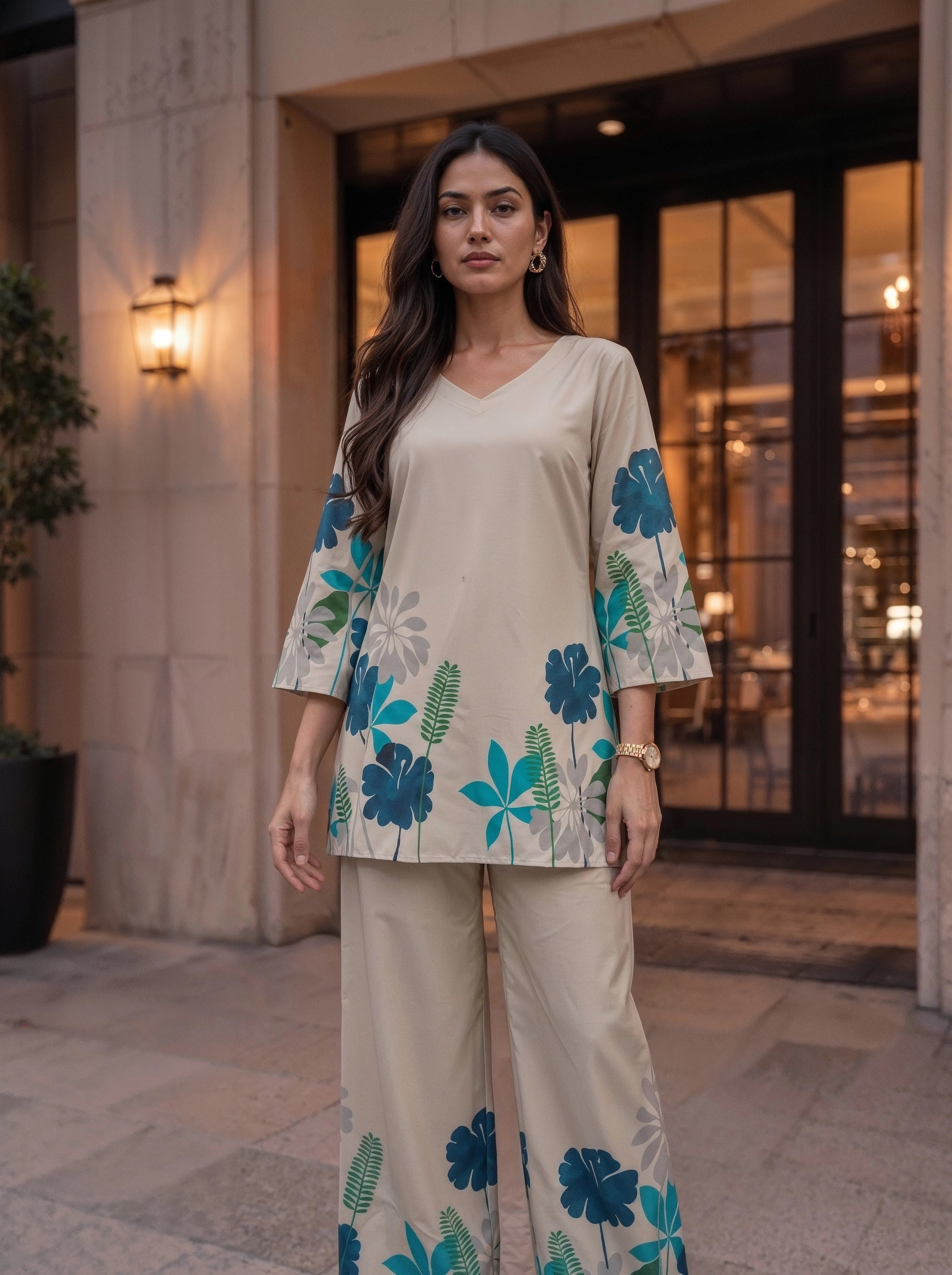 Beige Blue Floral Printed Co-Ord Set