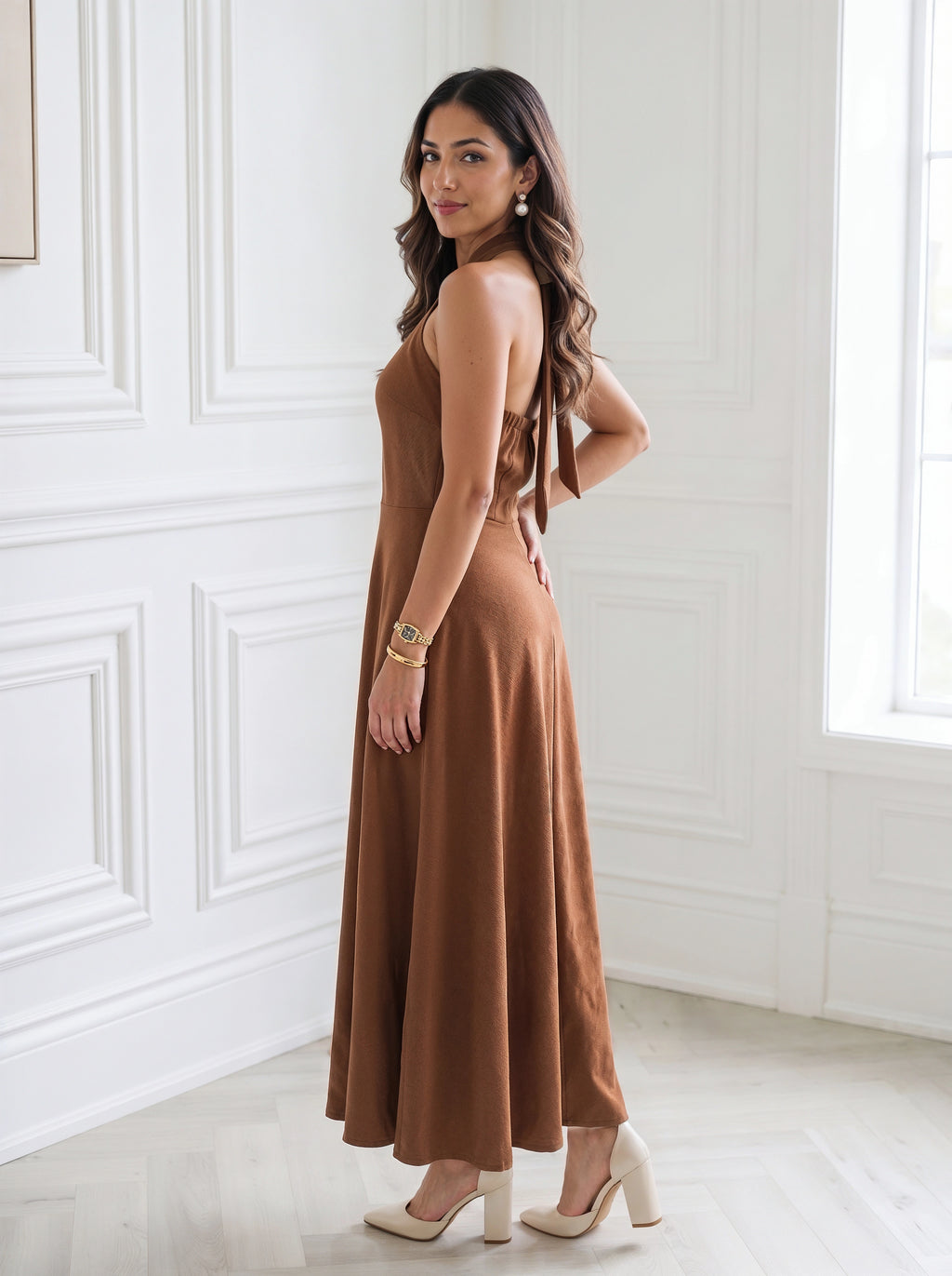 Mocha Brown Halter Neck Flared Midi Dress