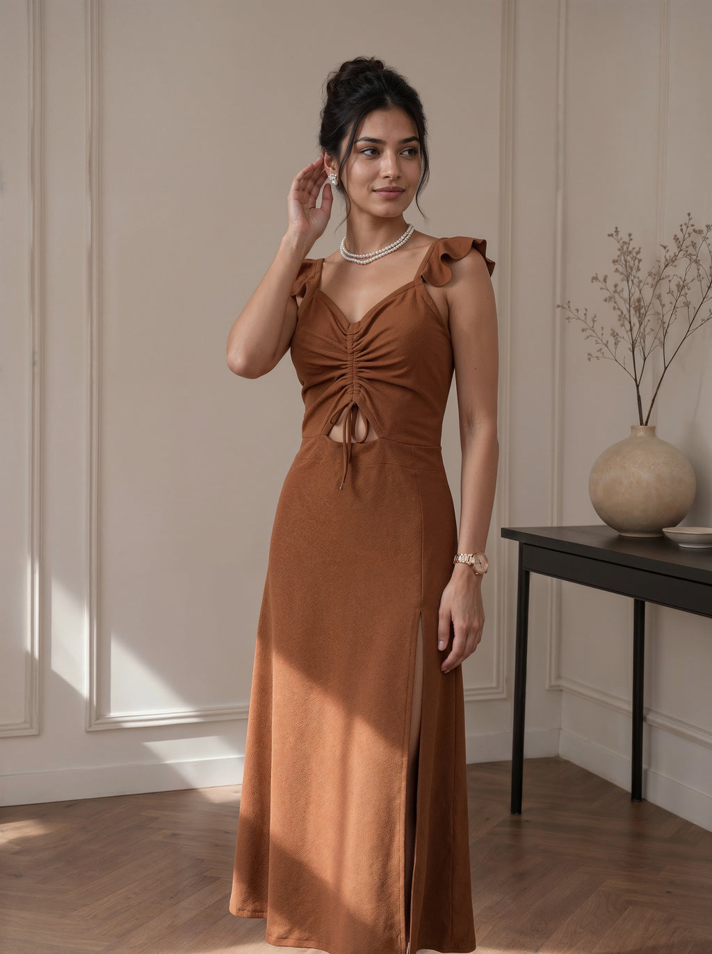 Mocha Ruched Cut-Out Slit Midi Dress