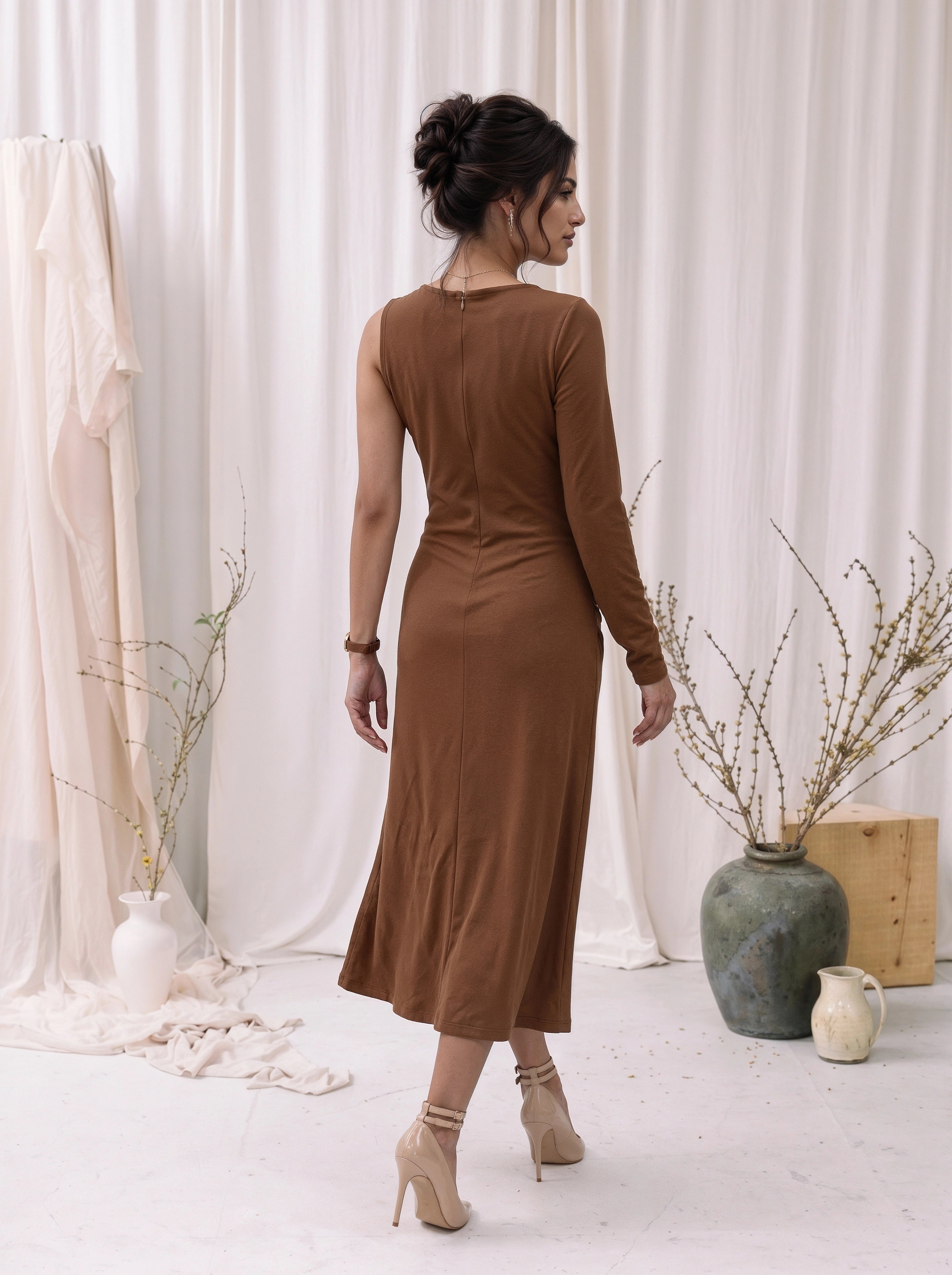 Mocha One-Shoulder Ruched Midi Dress