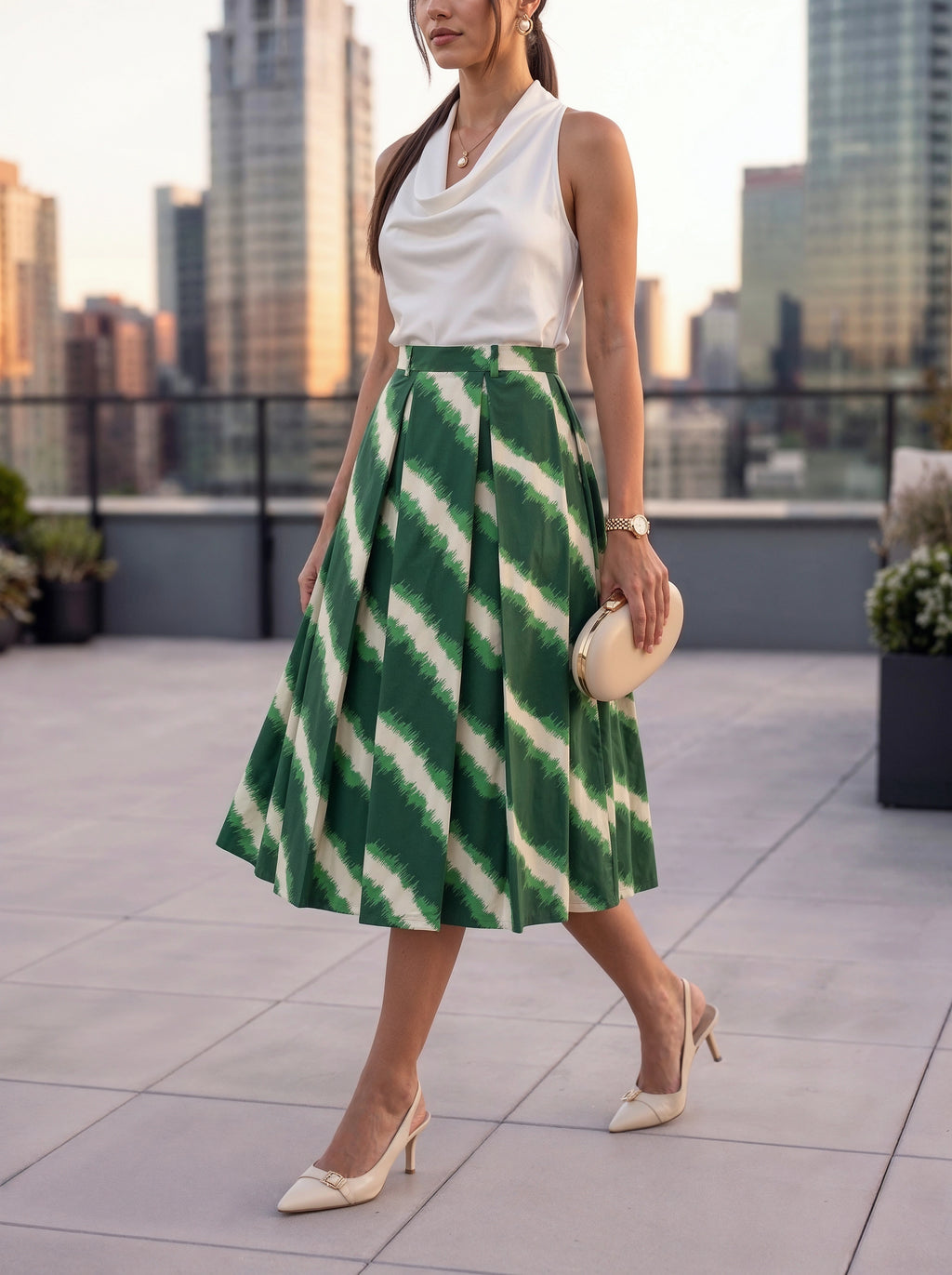 Green Printed Pleated A-Line Midi Skirt