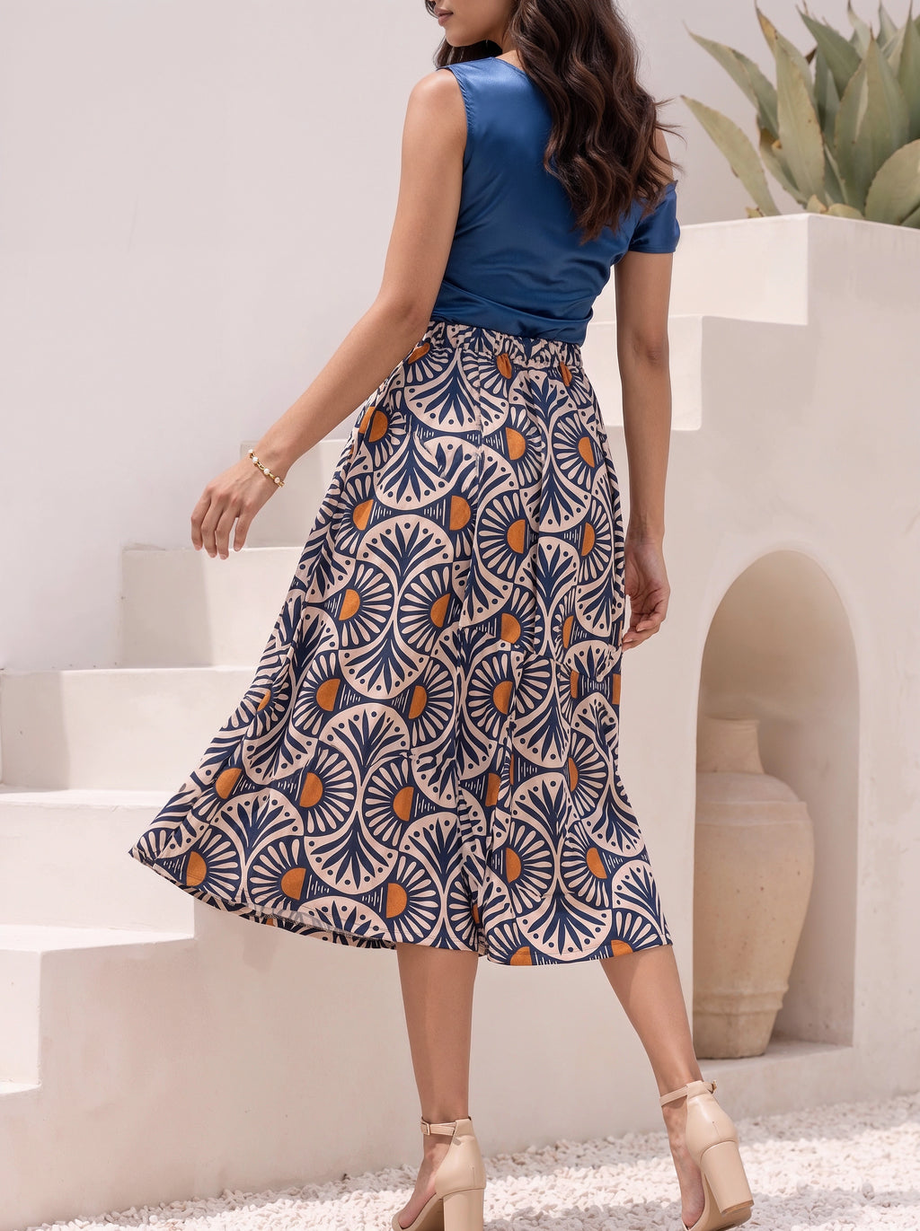 Blue Geometric Printed Pleated Midi Skirt