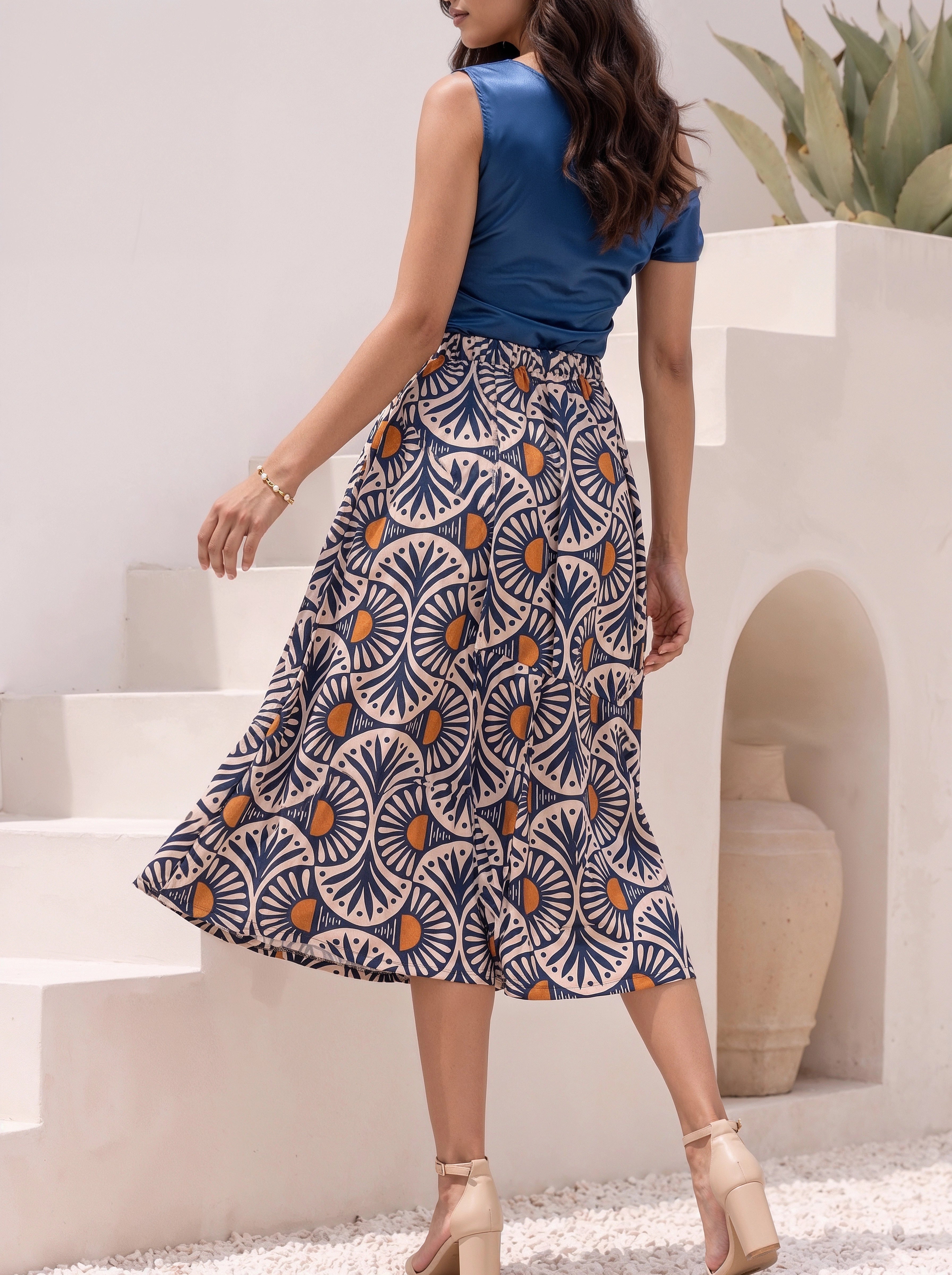 Blue Geometric Printed Pleated Midi Skirt
