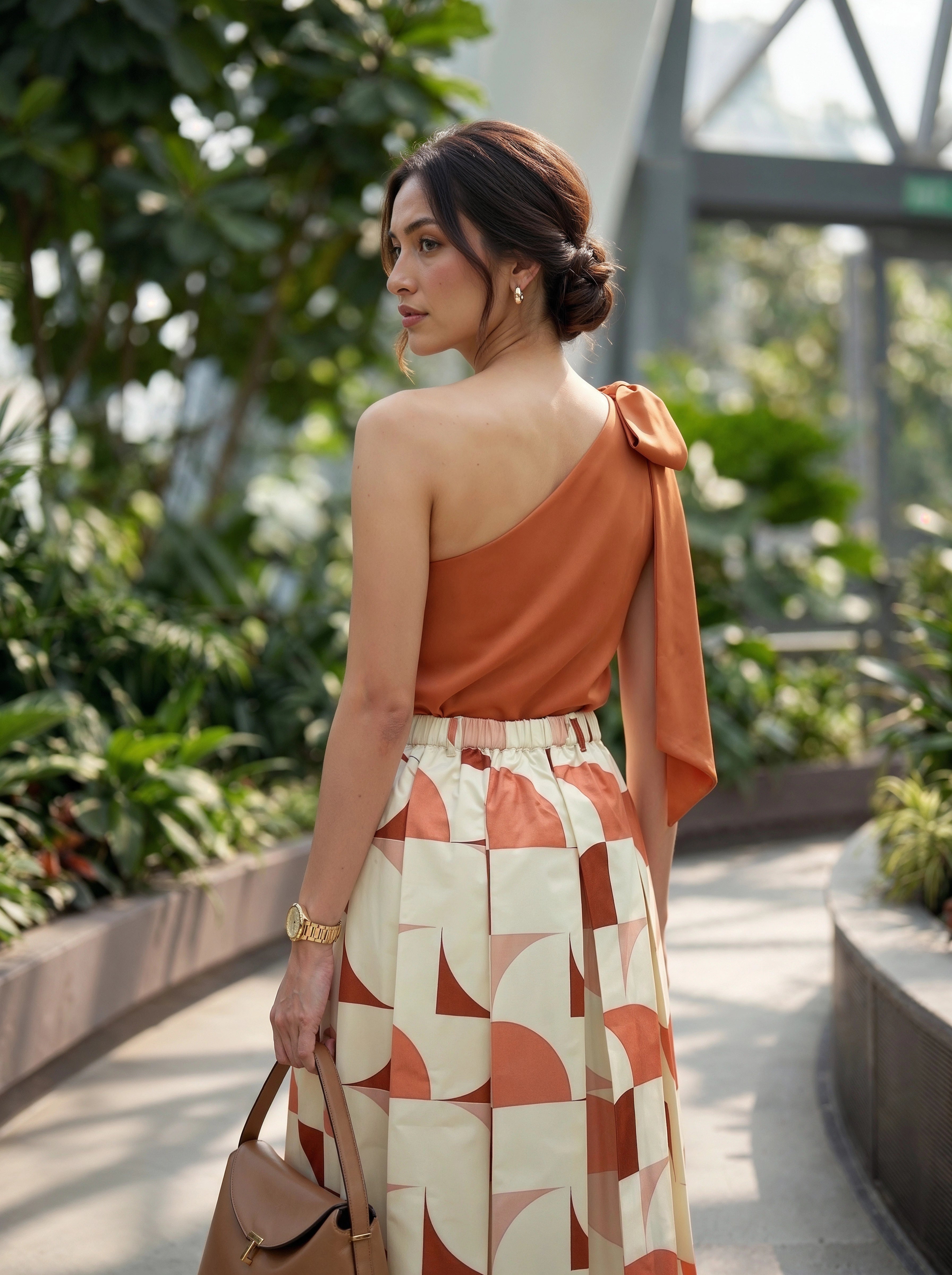 Peach Geometric Printed Pleated Midi Skirt