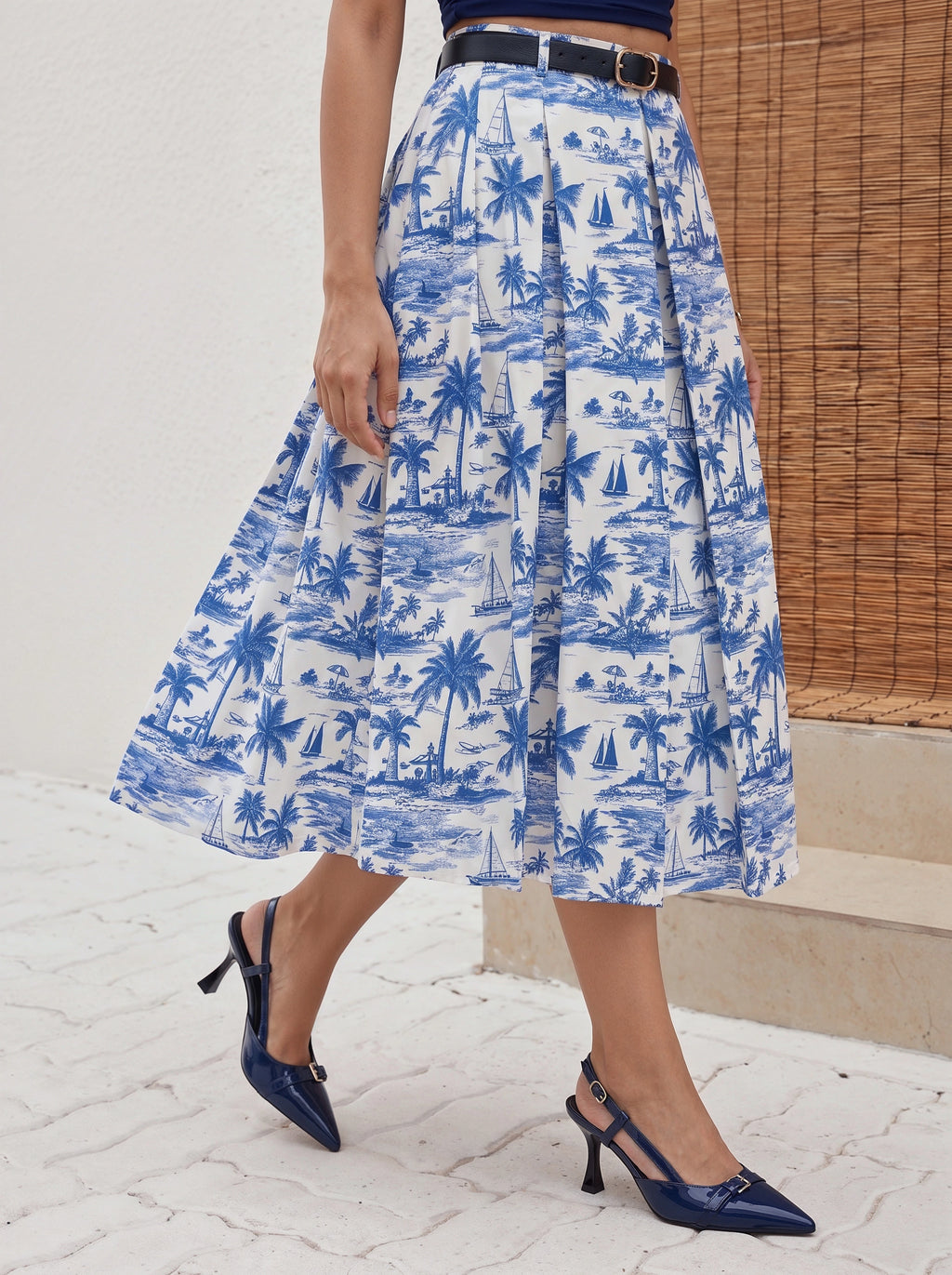 Blue Tropical Scenic Printed Pleated Midi Skirt
