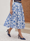 Blue Tropical Scenic Printed Pleated Midi Skirt