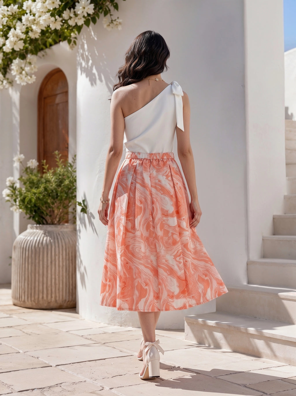 Coral Marble Printed Pleated Midi Skirt