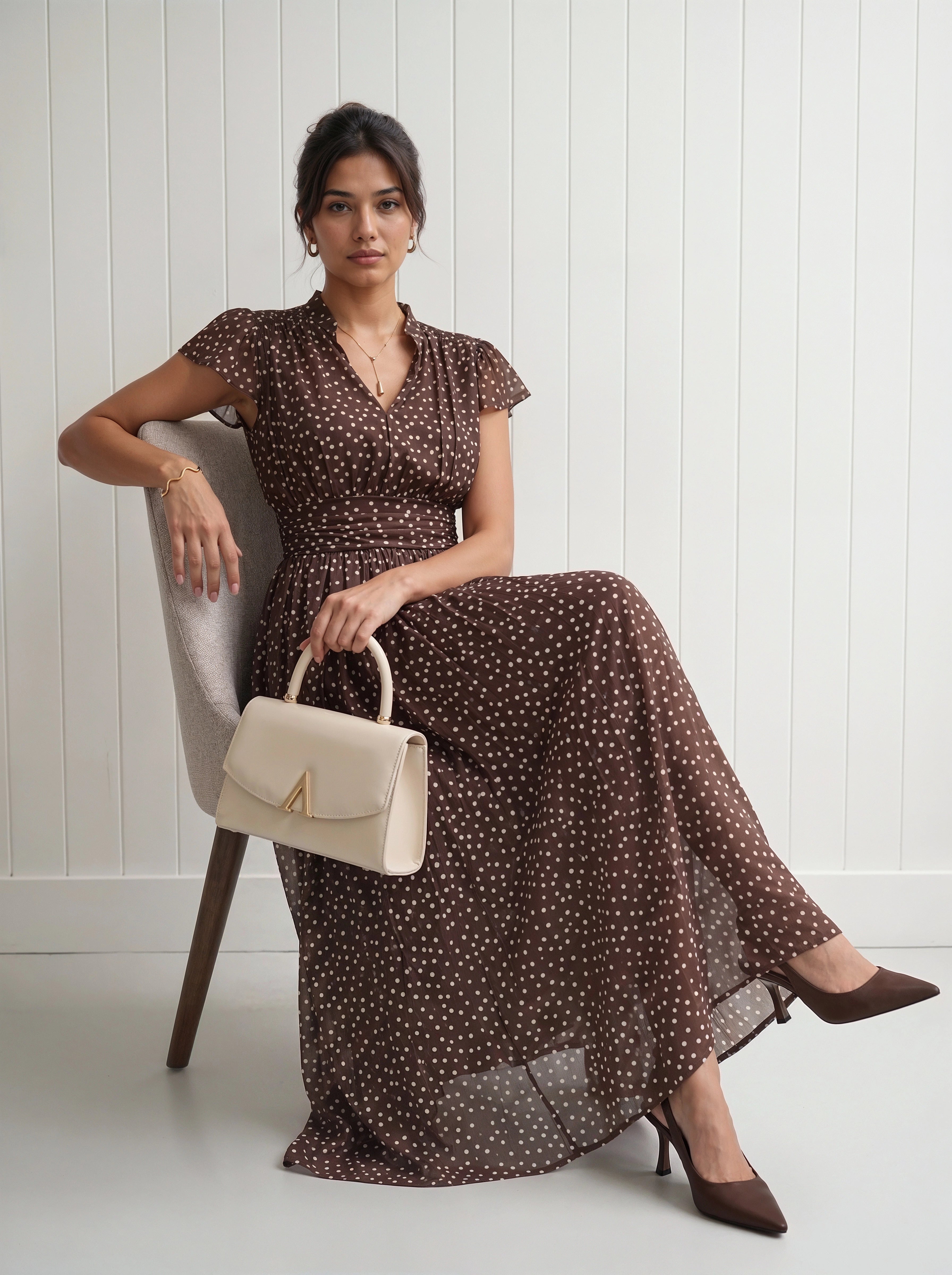 Brown Polka Dot Flutter Sleeve Maxi Dress