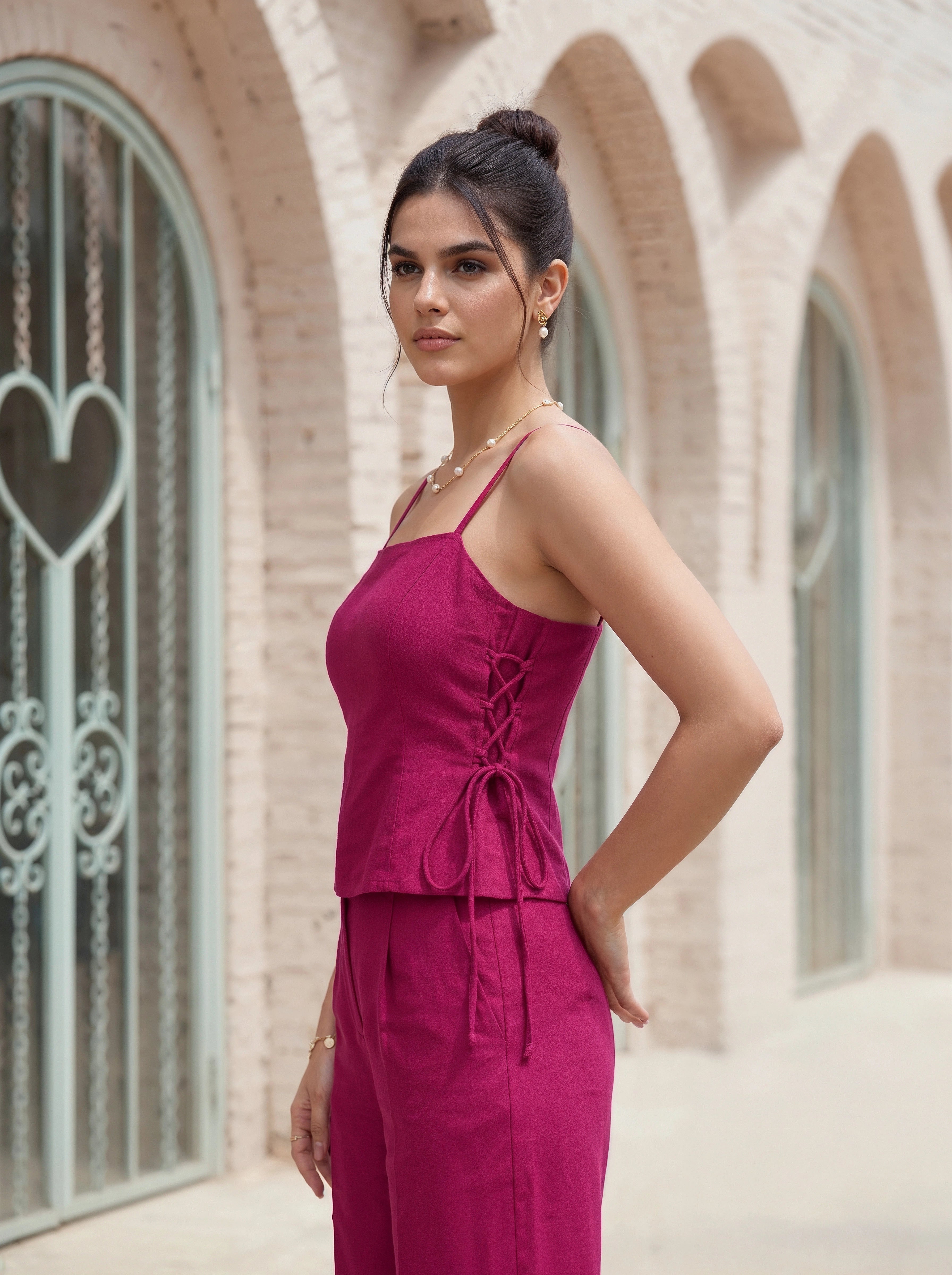 Fuchsia Side-Tie Straight Leg Co-Ord Set