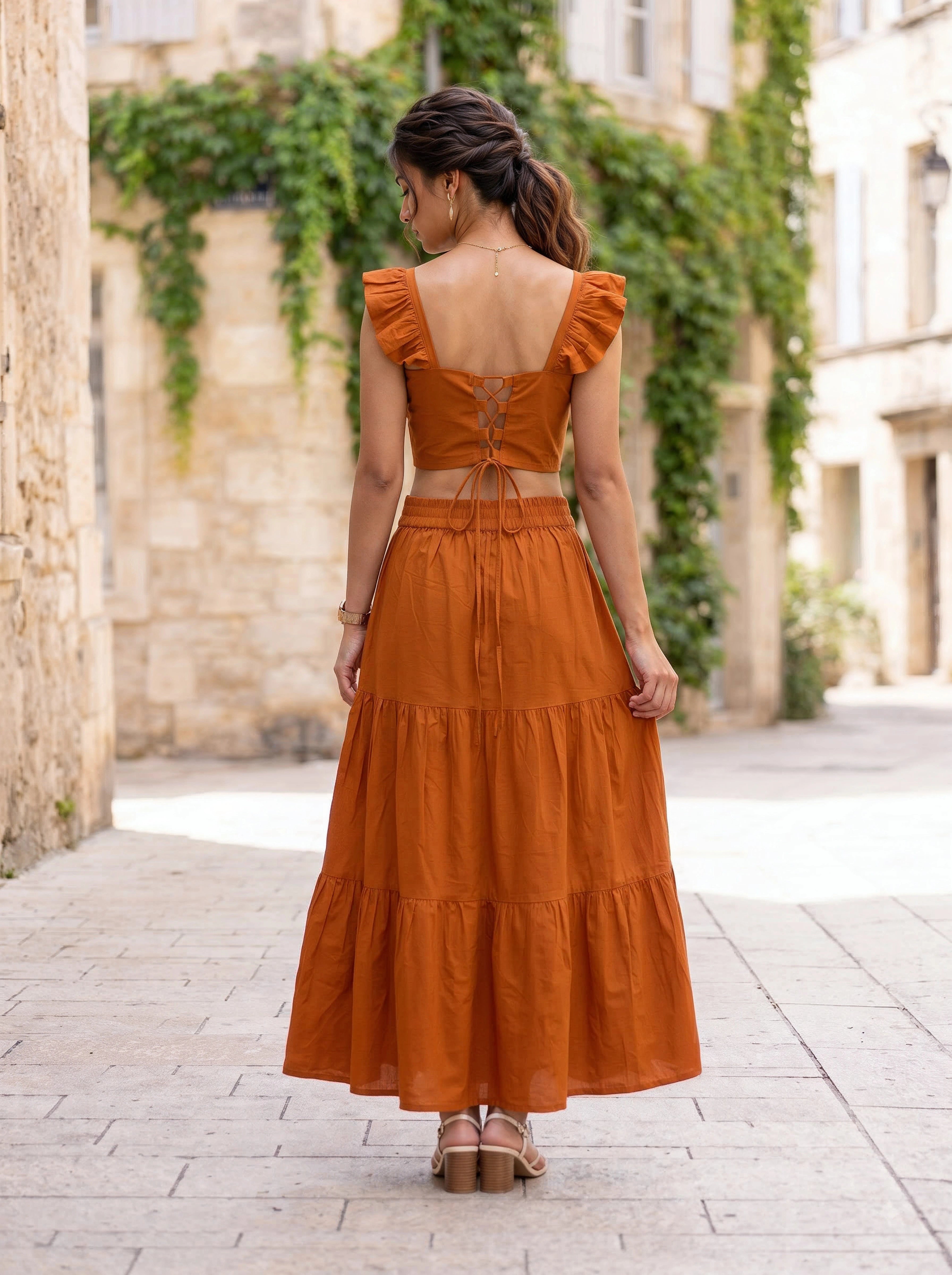 Rust Orange Ruffle Sleeve Crop Top & Tiered Skirt Co-Ord Set