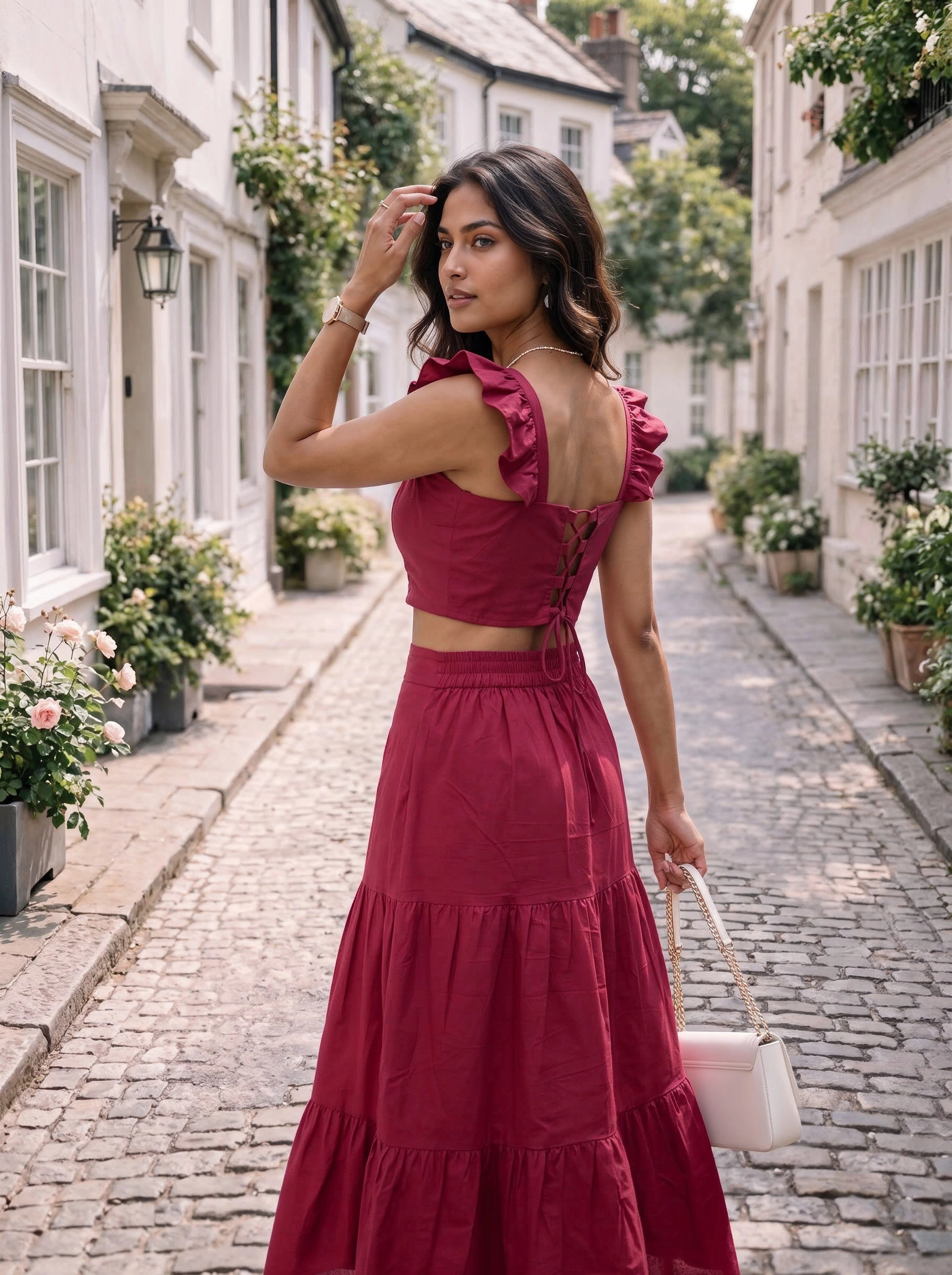 Berry Pink Ruffle Sleeve Crop Top & Tiered Skirt Co-Ord Set