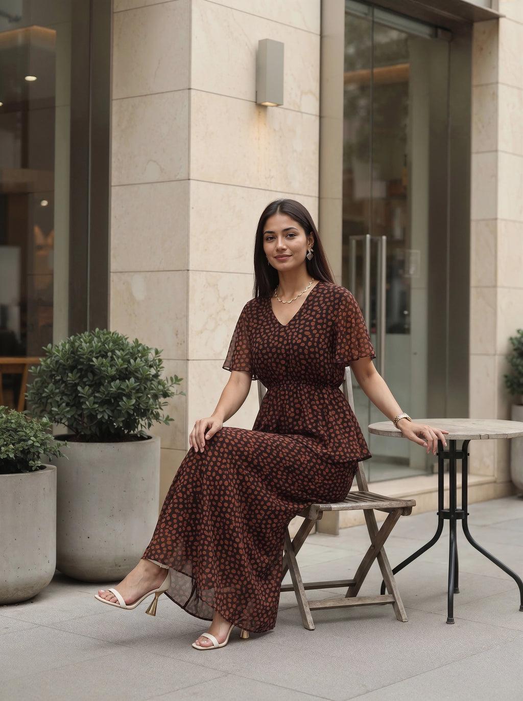 Brown Printed Peplum Top & Maxi Skirt Co-Ord Set