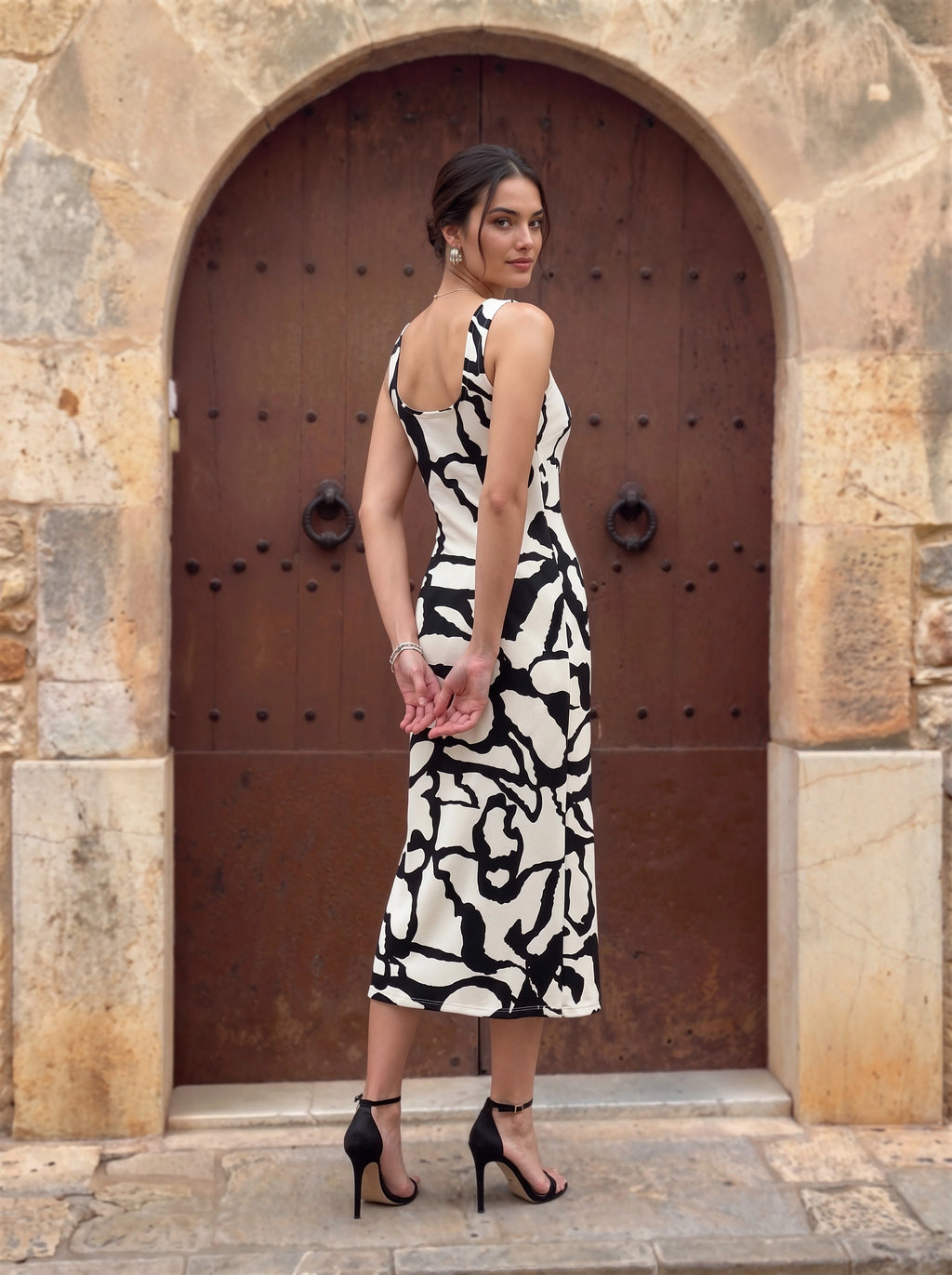 Abstract Monochrome Bodycon Midi Dress