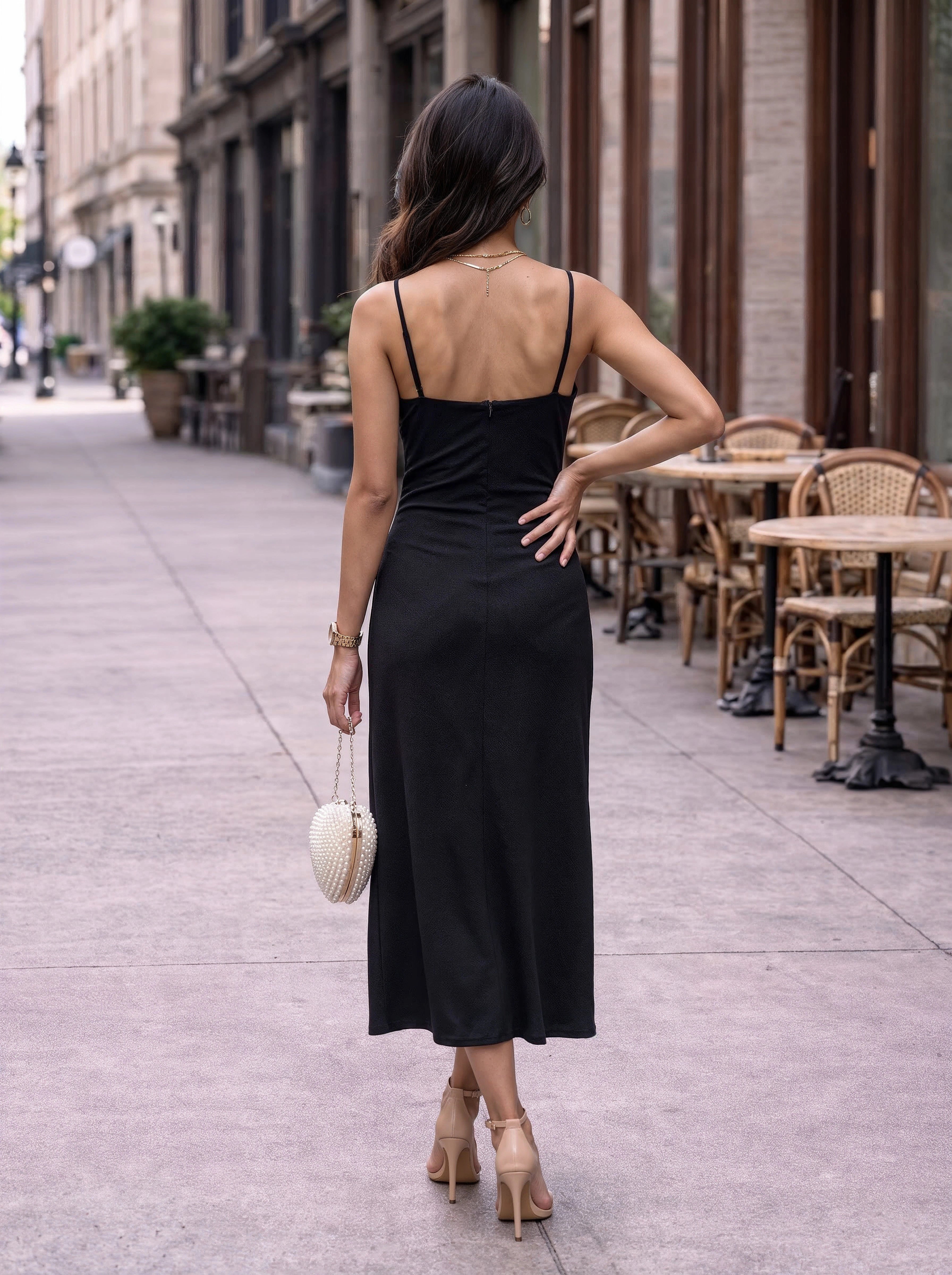 Black Midi Dress with Spaghetti Straps