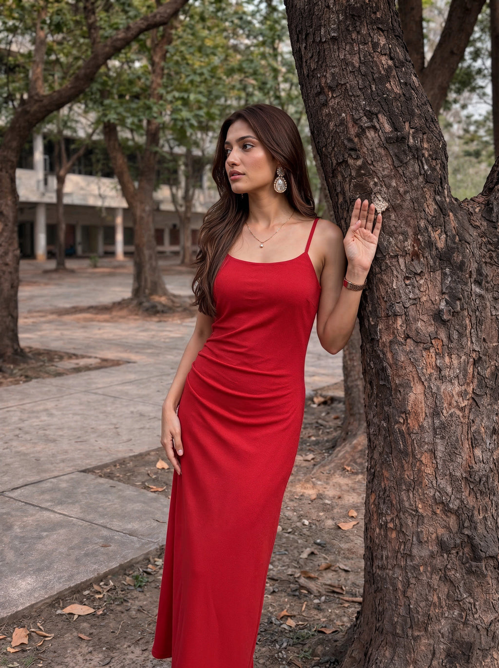 Red Strappy Ruched Maxi Dress