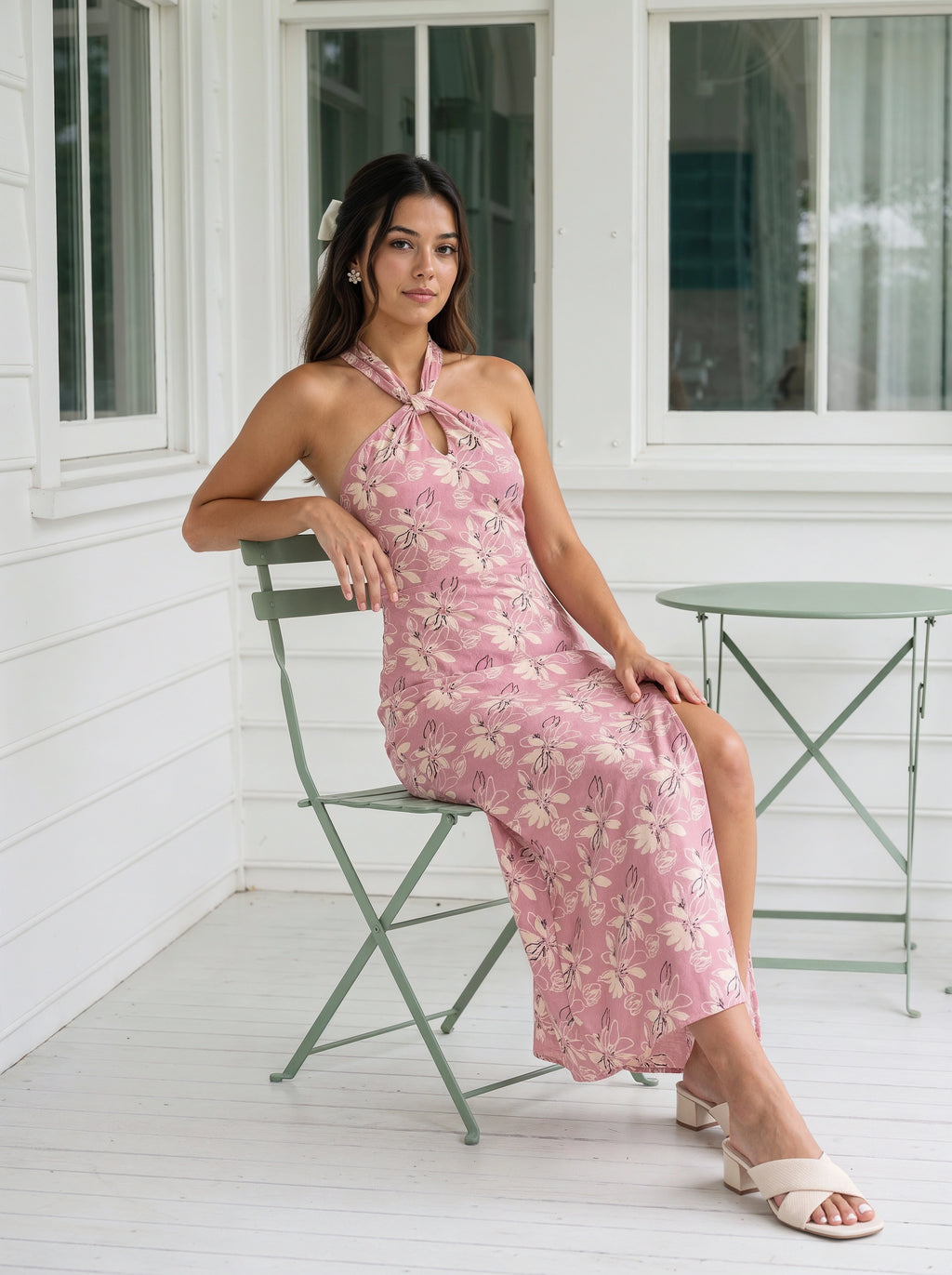 Pink Floral Halter Neck Slit Dress