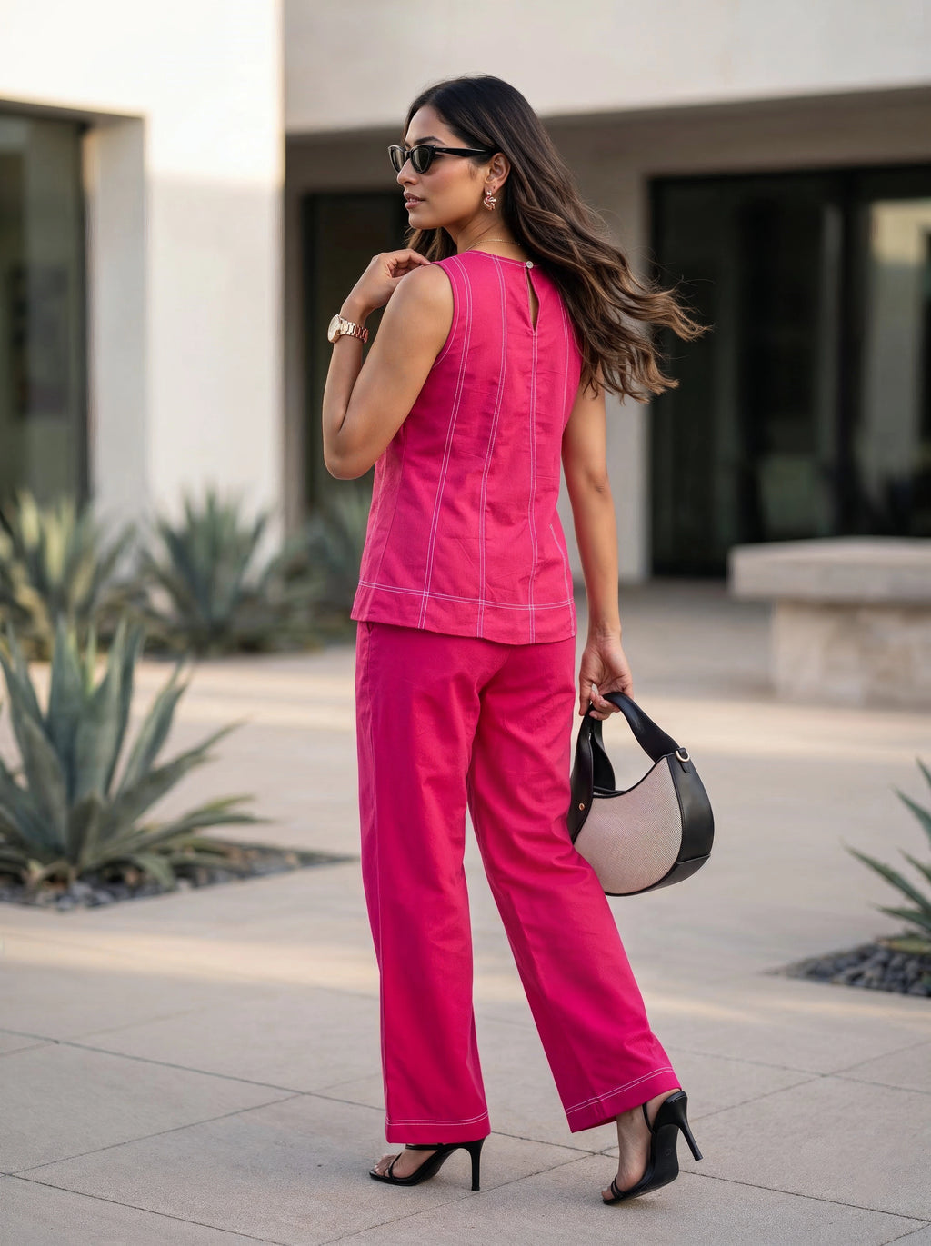 Pink Contrast-Stitch Sleeveless Top & Wide-Leg Pants Co-Ord Set