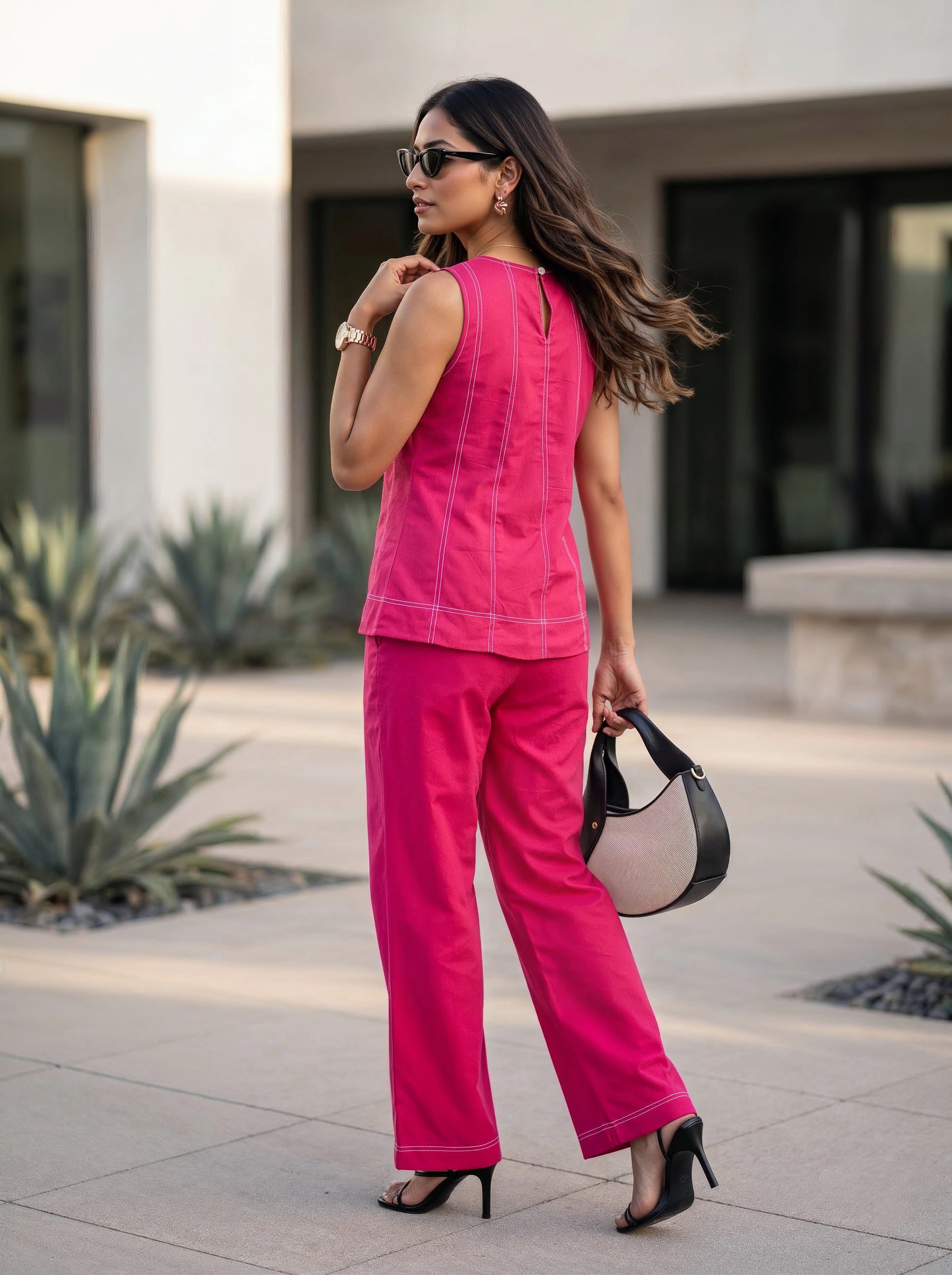 Pink Contrast-Stitch Sleeveless Top & Wide-Leg Pants Co-Ord Set