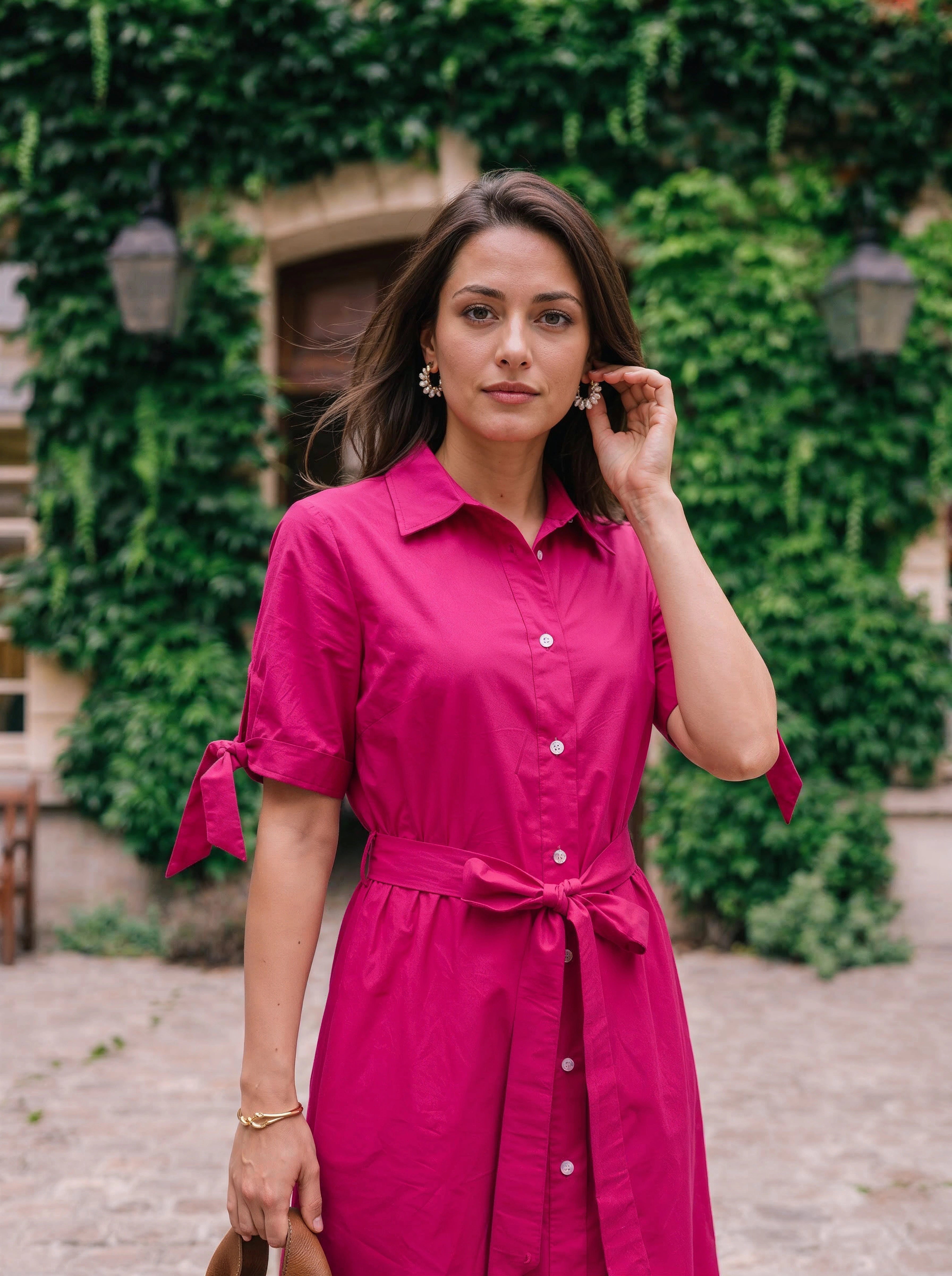 Pink Belted Shirt Dress with Tie-Waist Detail