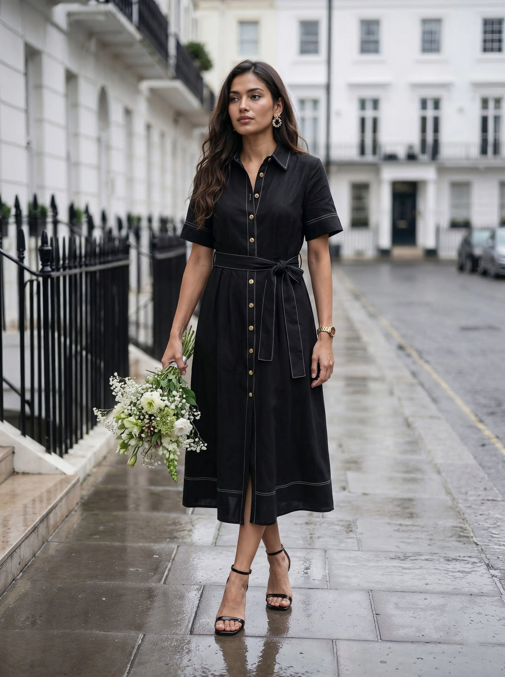 Black Shirt Dress with Contrast Stitching & Waist Tie