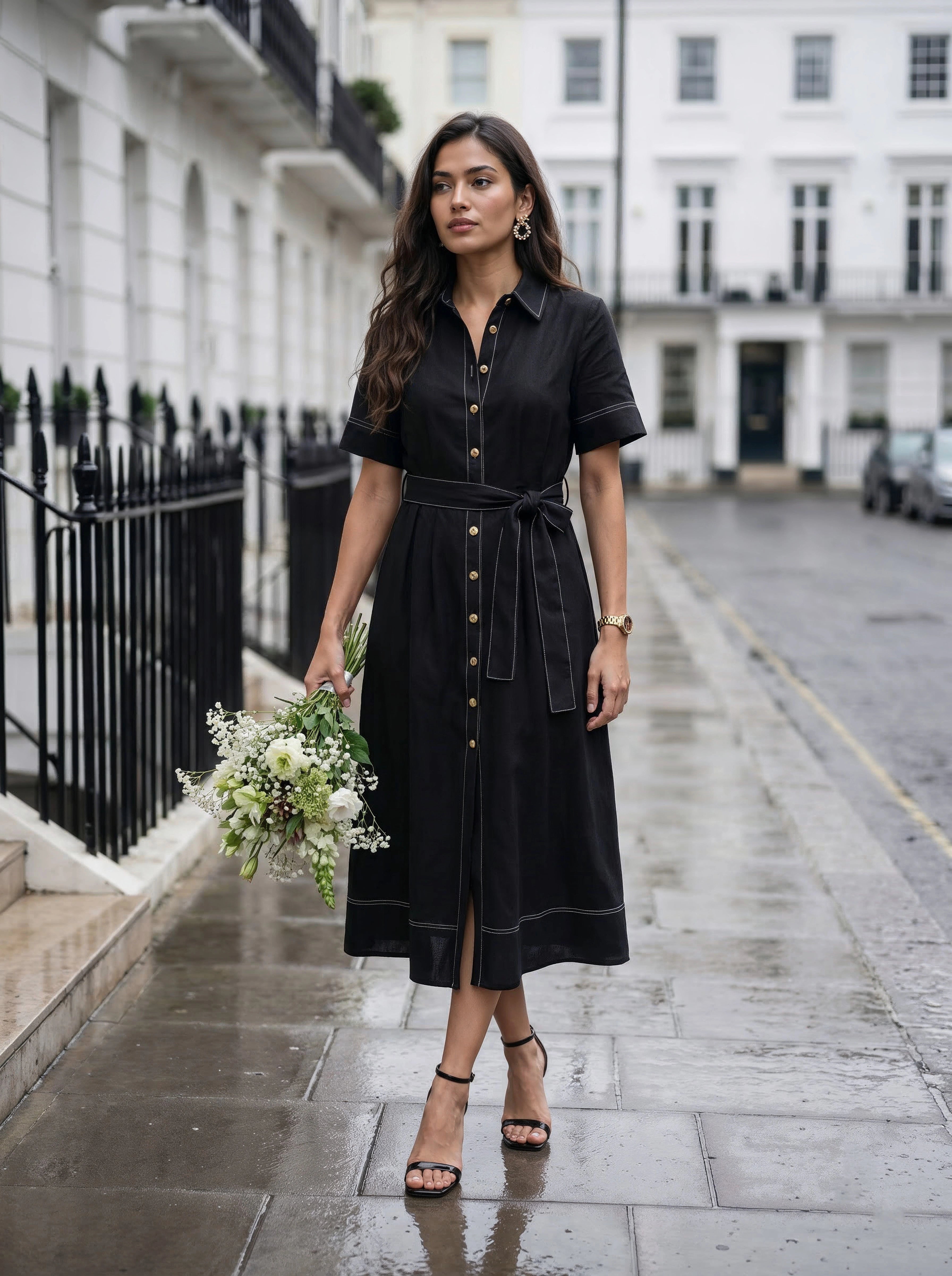 Black Shirt Dress with Contrast Stitching & Waist Tie