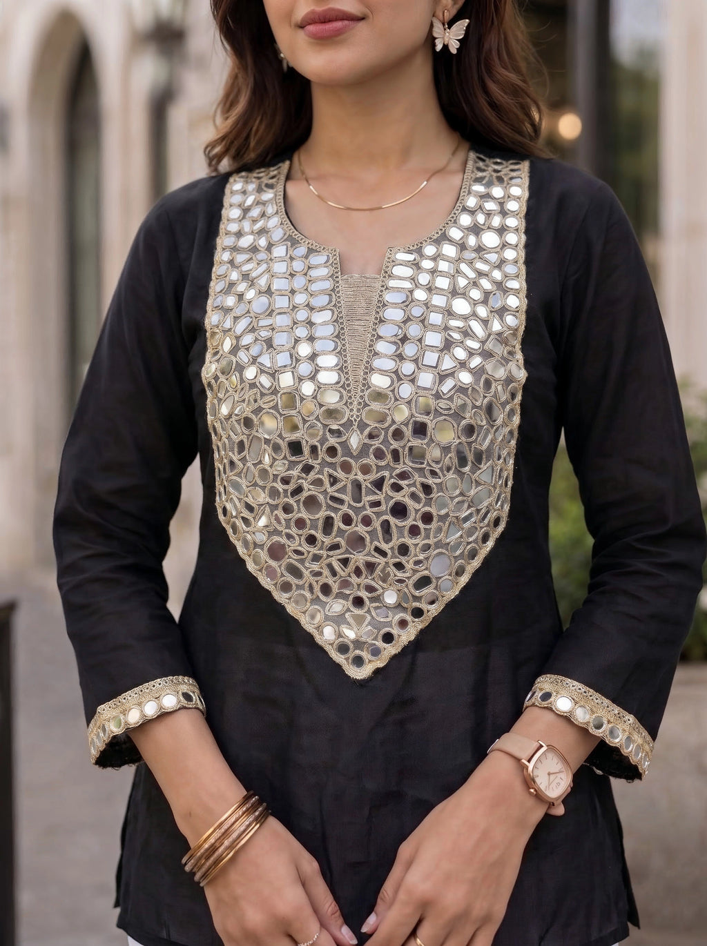 Black Mirror Embellished Sheer Sleeve Party Top