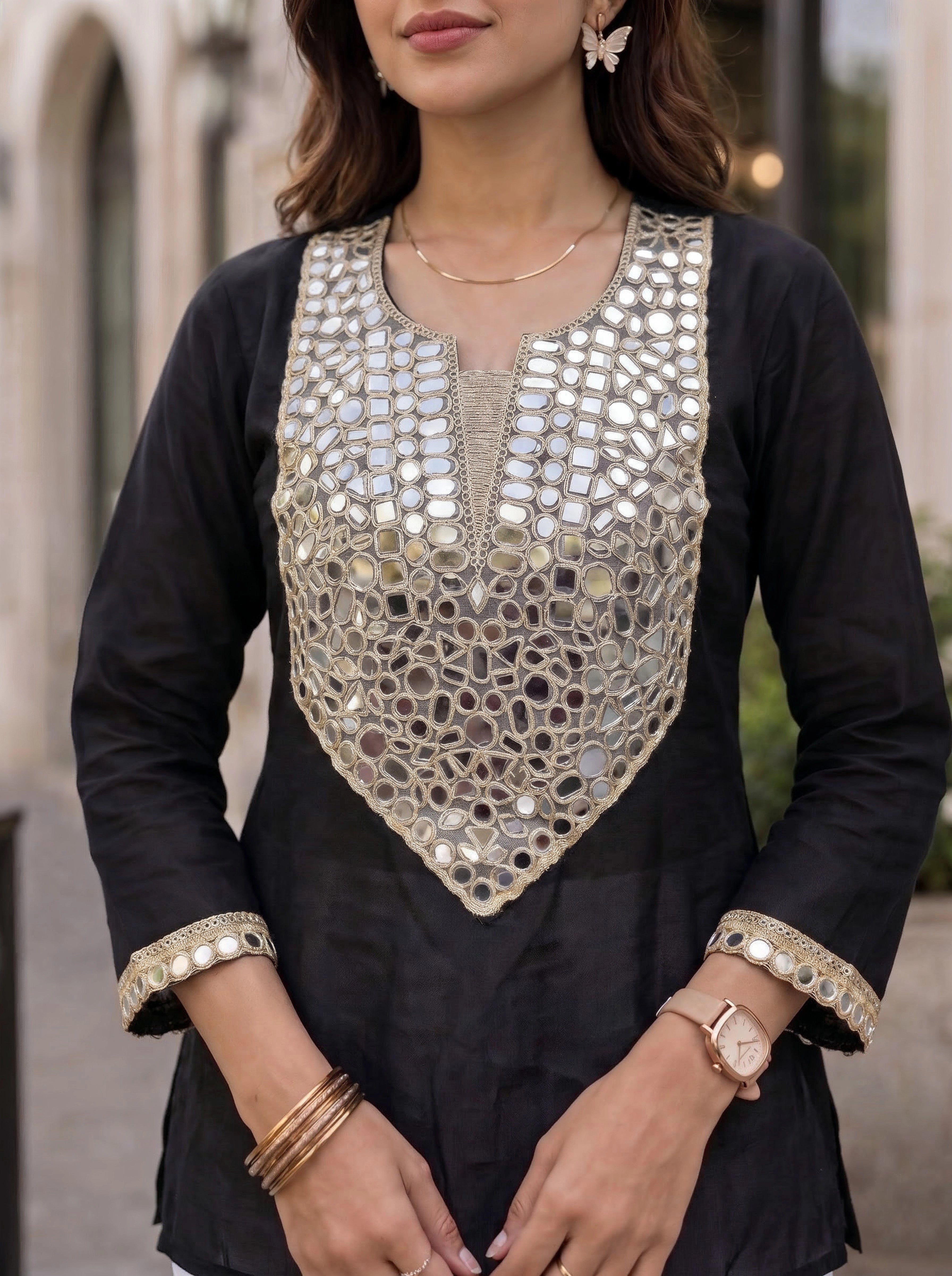 Black Mirror Embellished Sheer Sleeve Party Top