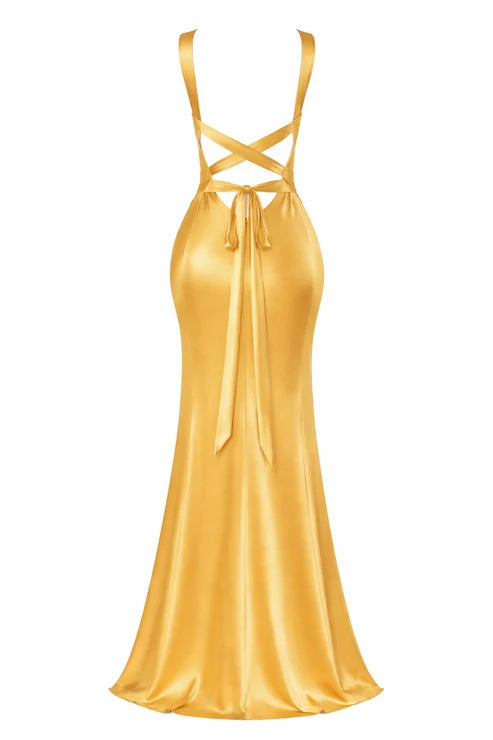 Golden Cross-Back Evening Maxi Dress