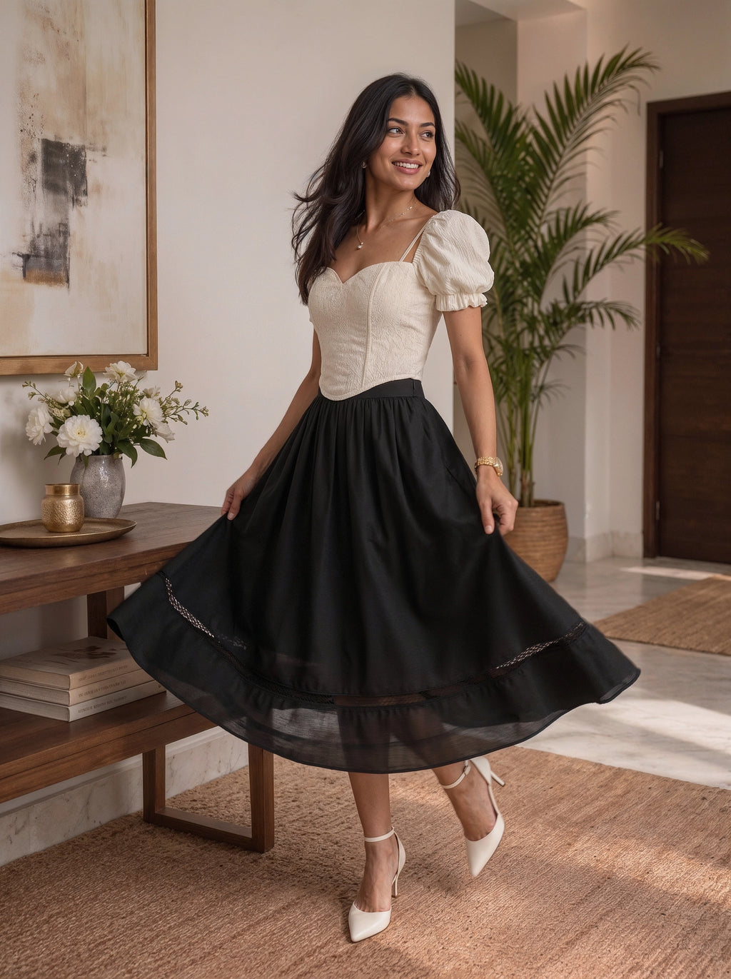 Black Gathered A-Line Midi Skirt