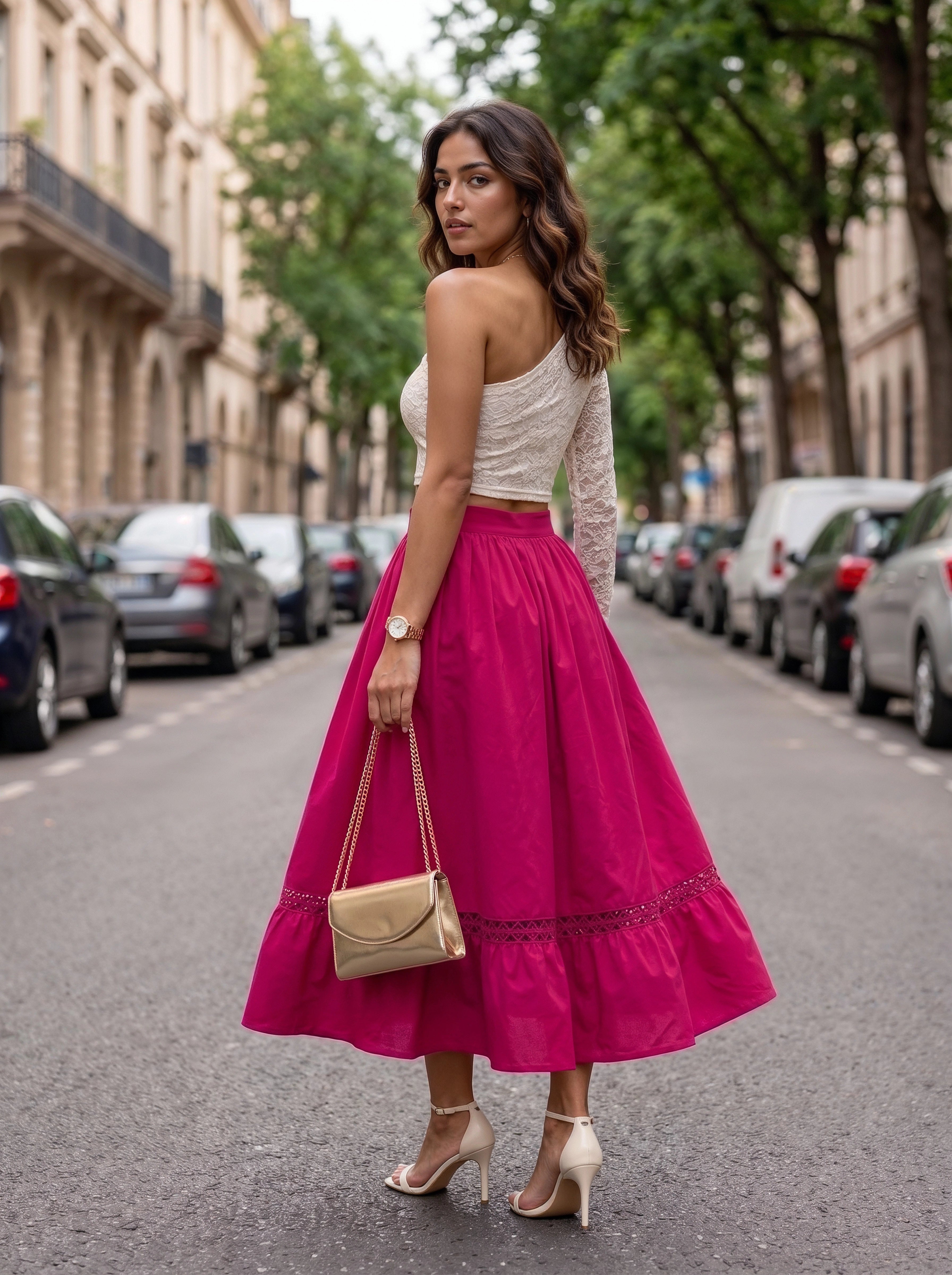 Pink Gathered A-Line Midi Skirt
