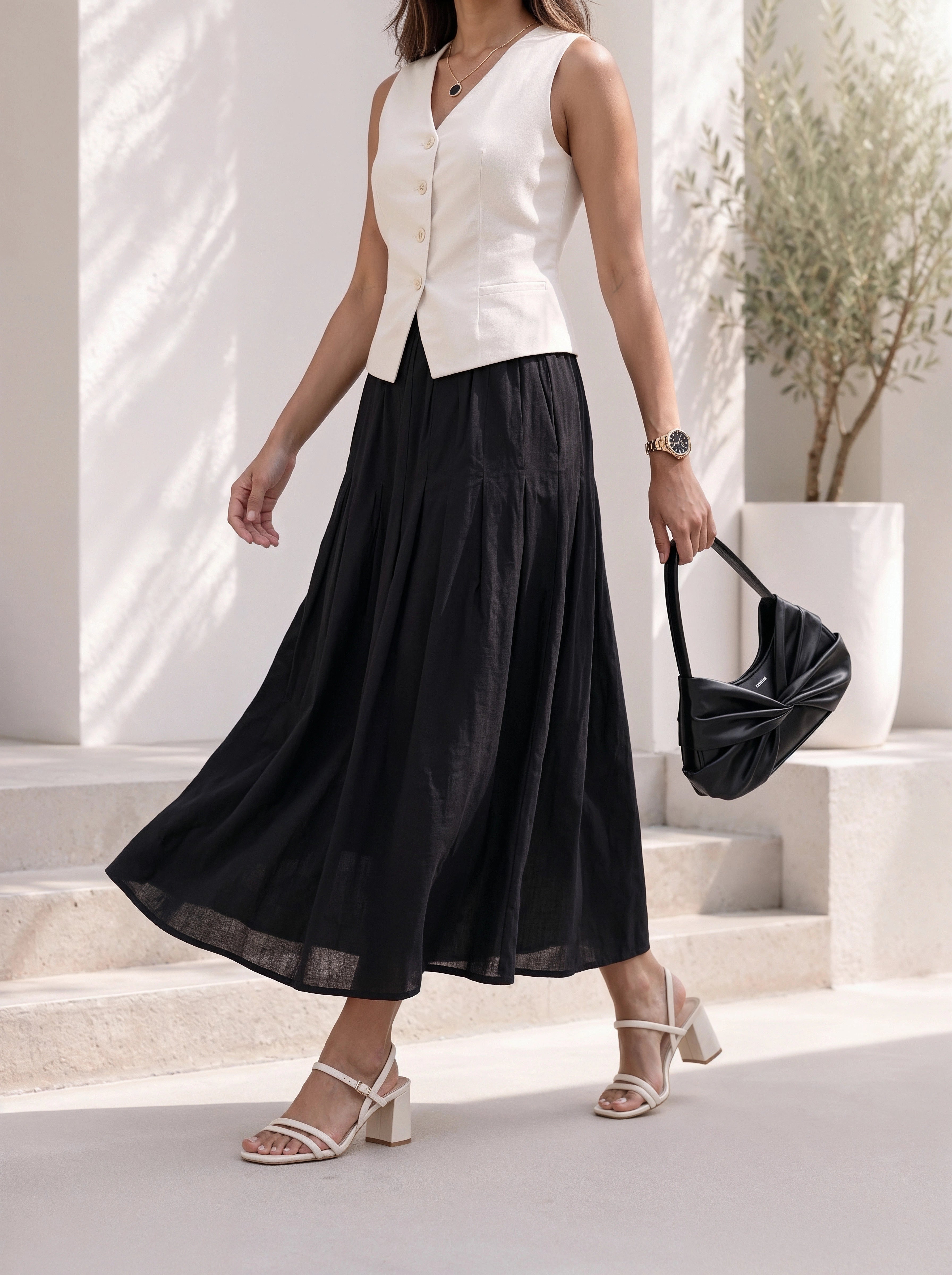 Ivory & Black Sleeveless Vest Co-Ord Set