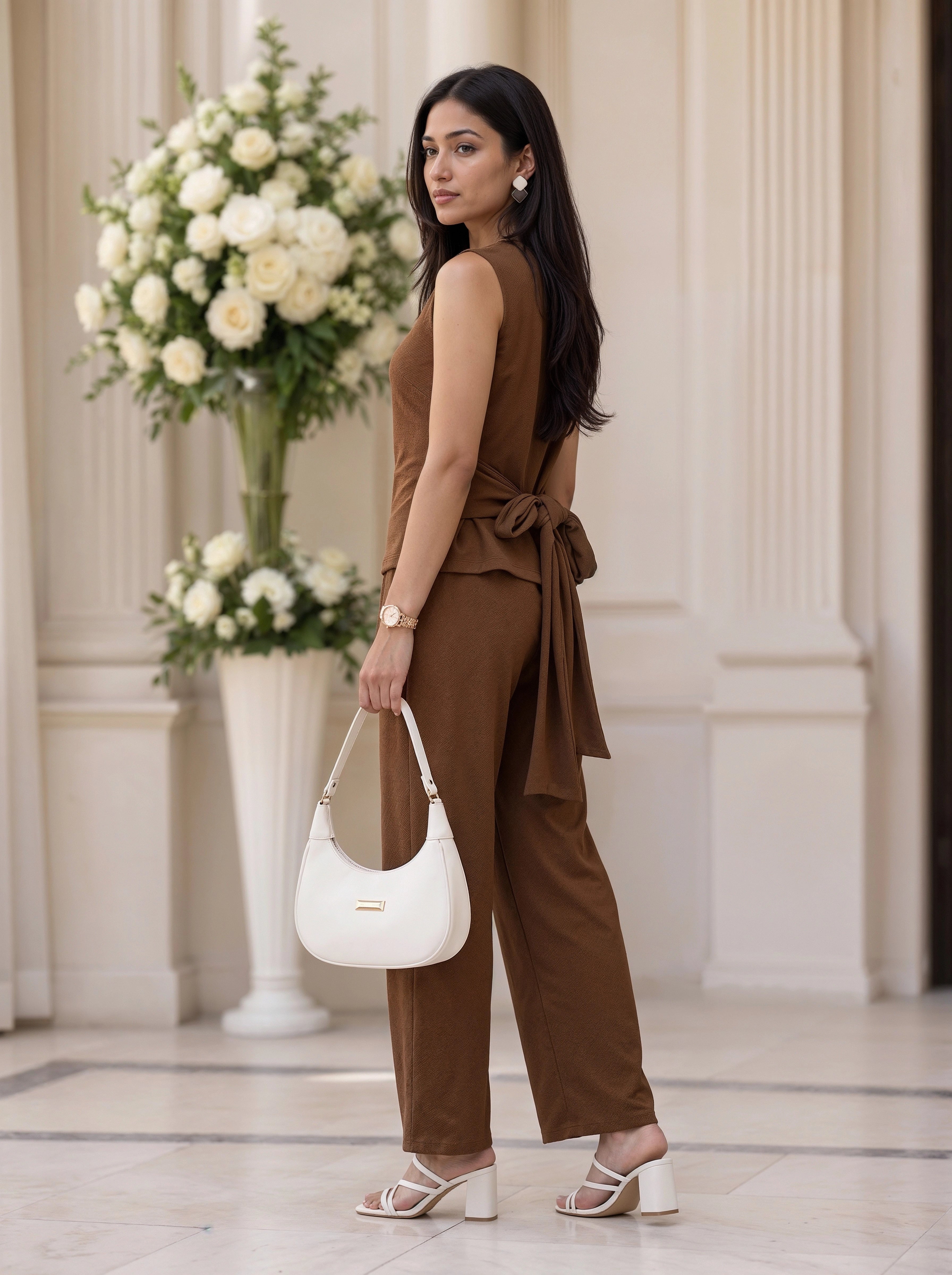 Brown Sleeveless Bow Back Co-Ord Set