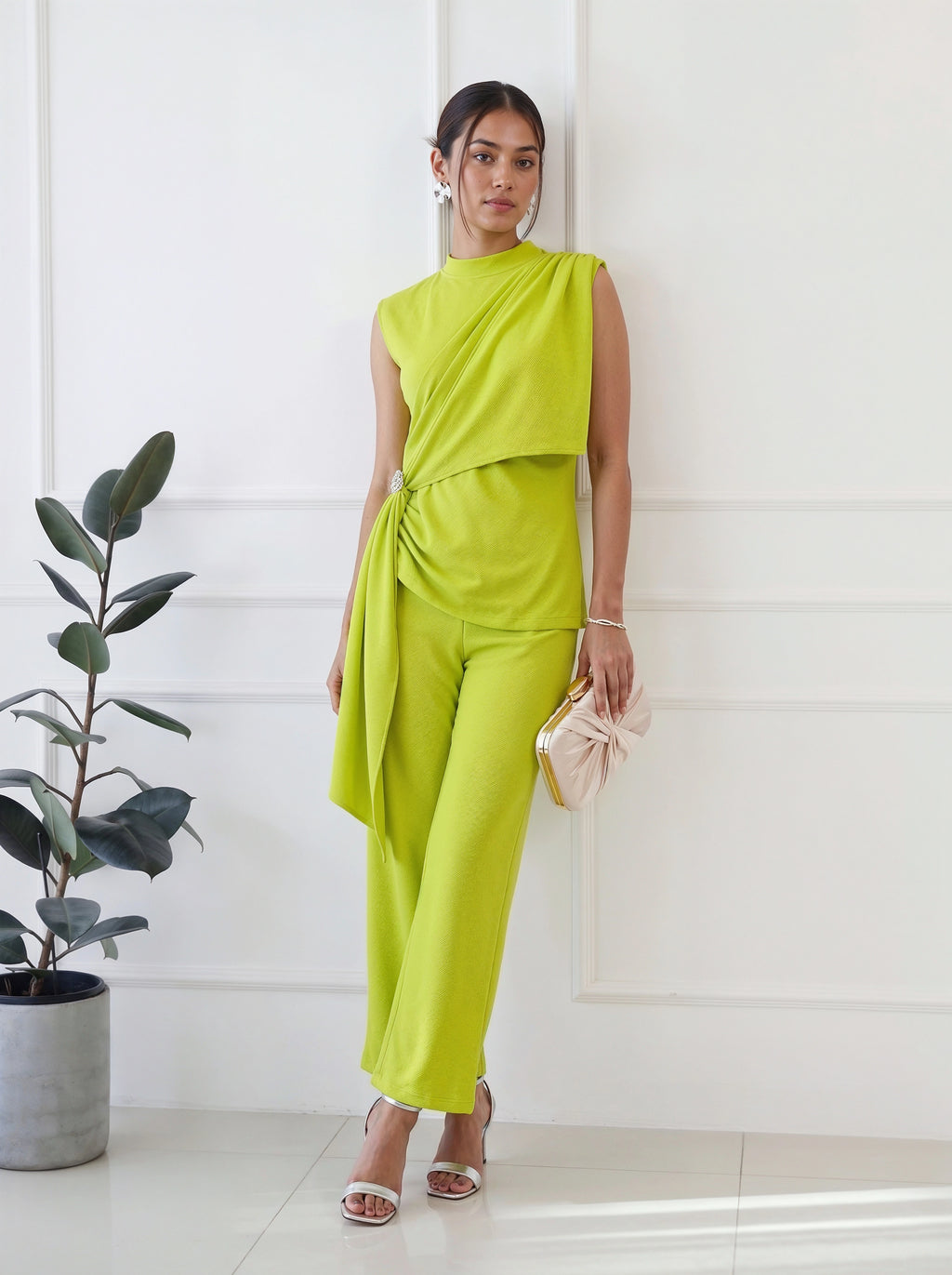 Lime Green Draped Sleeveless Co-Ord Set