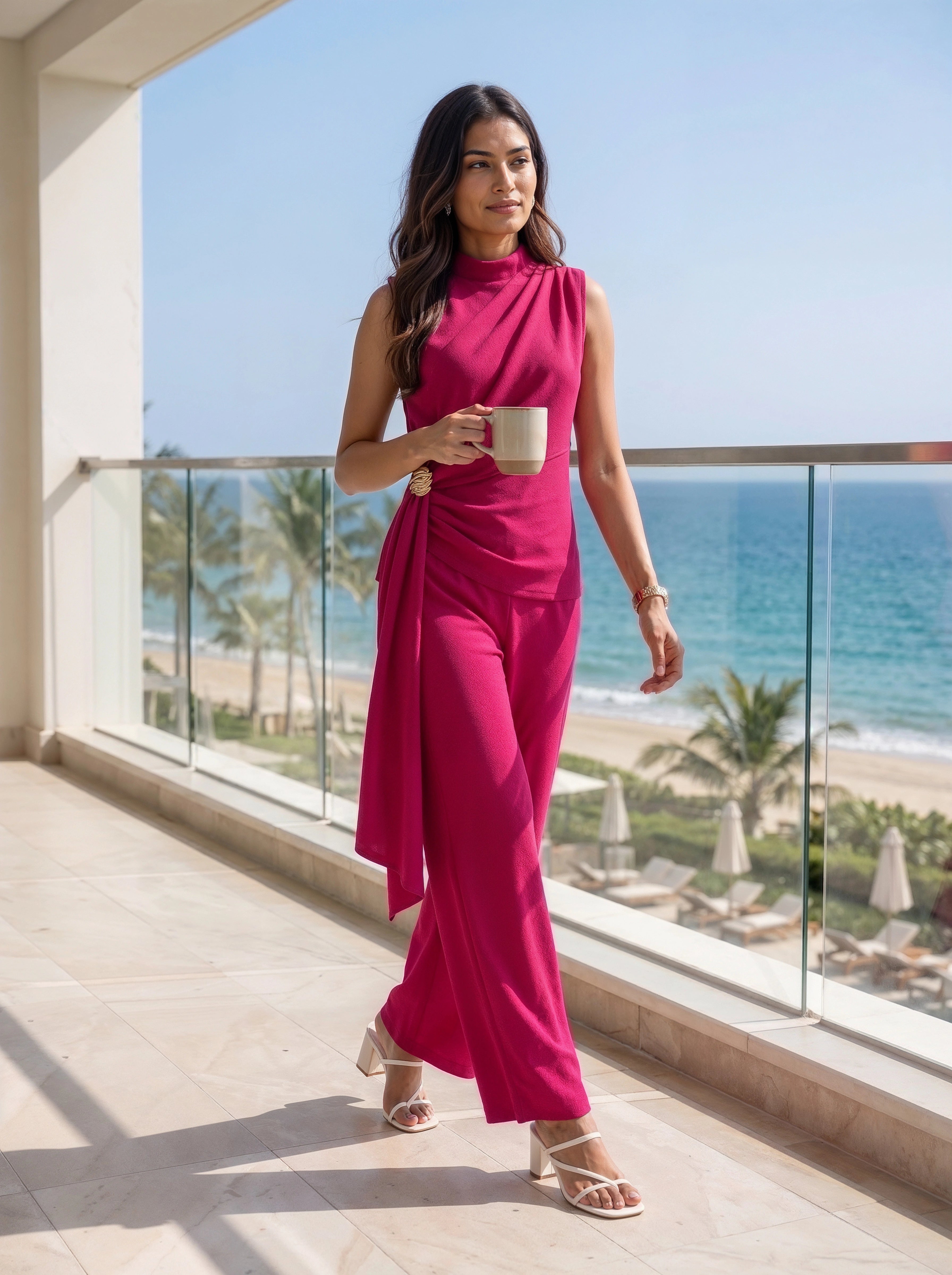 Fuchsia Pink Draped Sleeveless Co-Ord Set