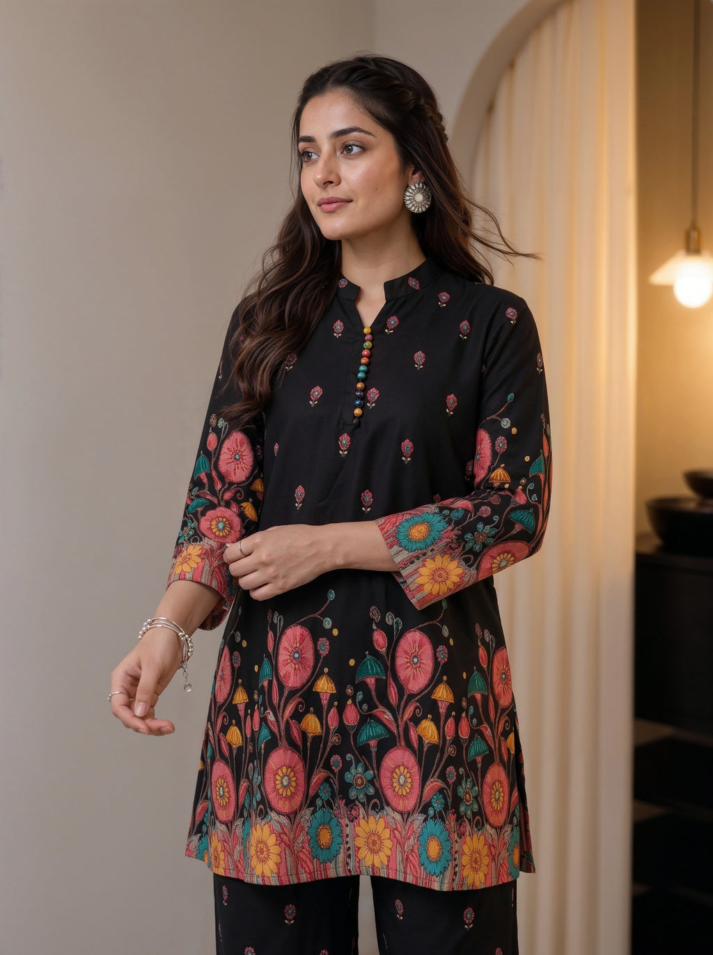 Black Floral Printed Kurta Co-Ord Set