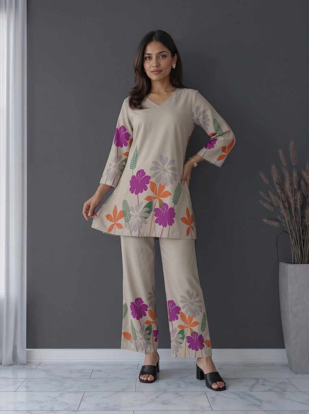 Beige Floral Printed Co-Ord Set